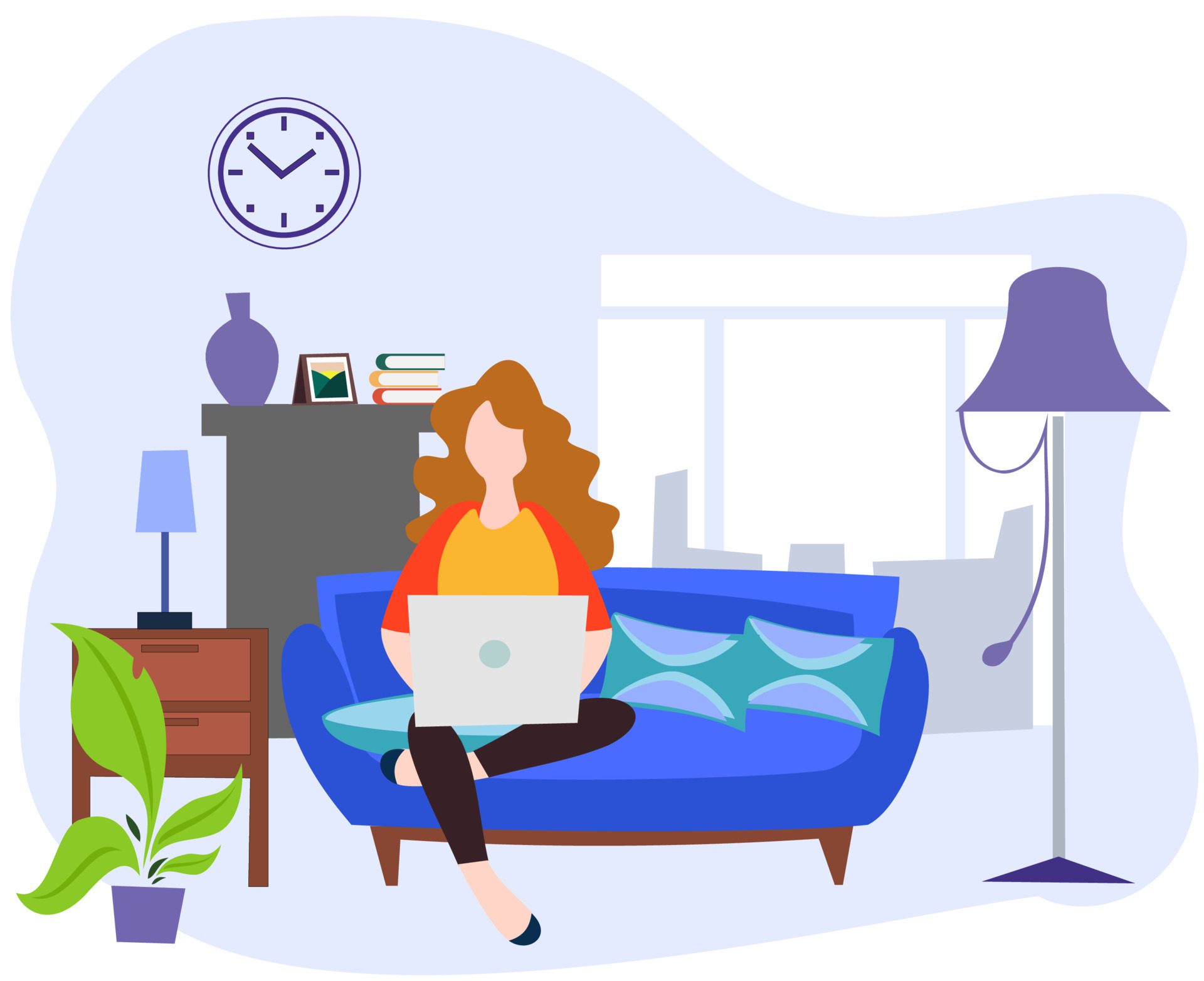 flat design of a woman sitting using a laptop in the living room Free Vector and Free SVG