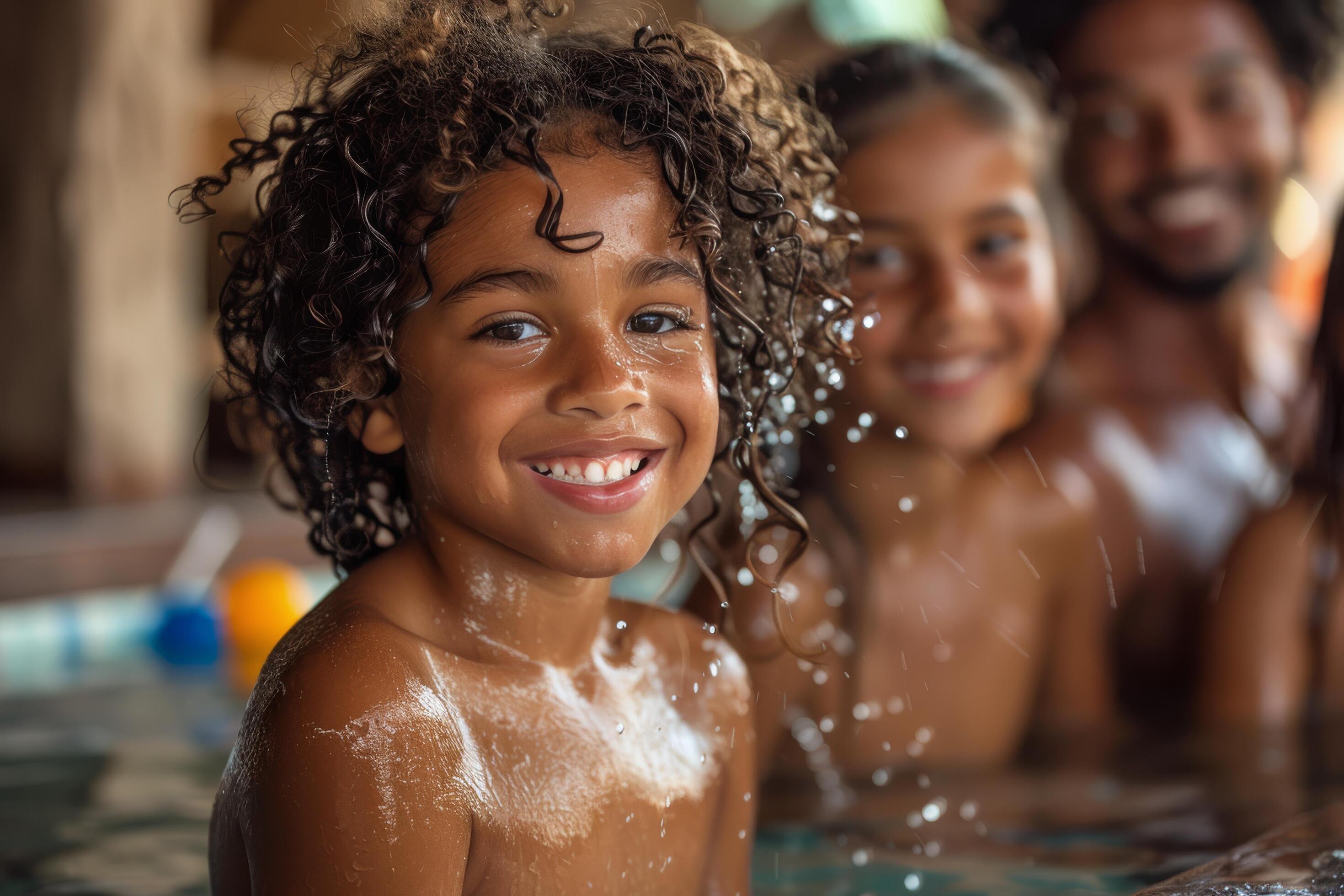 Joyful Young Boy Swimming in Pool on Sunny Day Stock Free