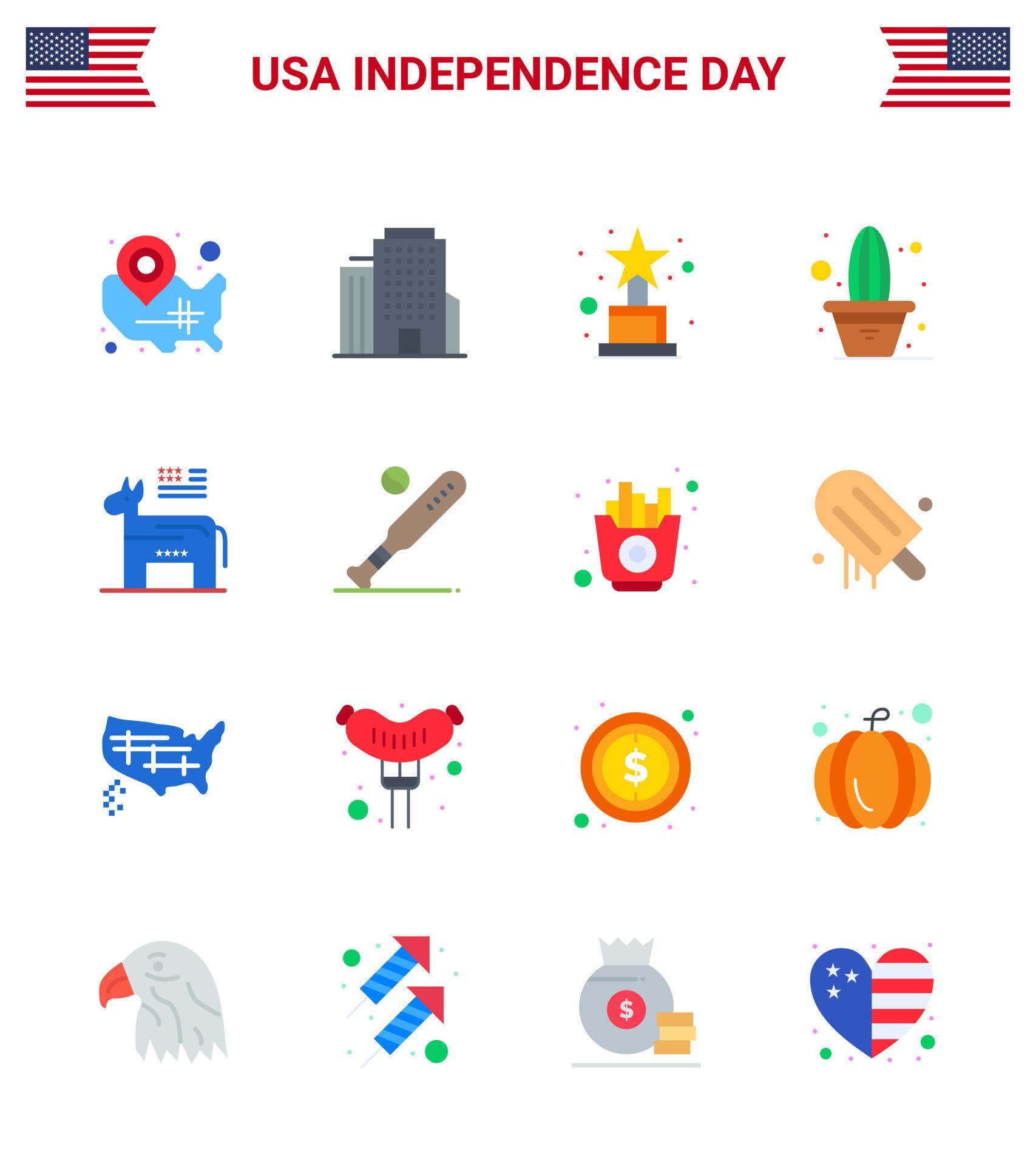 Set of 16 Modern Flats pack on USA Independence Day political donkey achievement pot flower Editable USA Day Vector Design Elements Stock Free