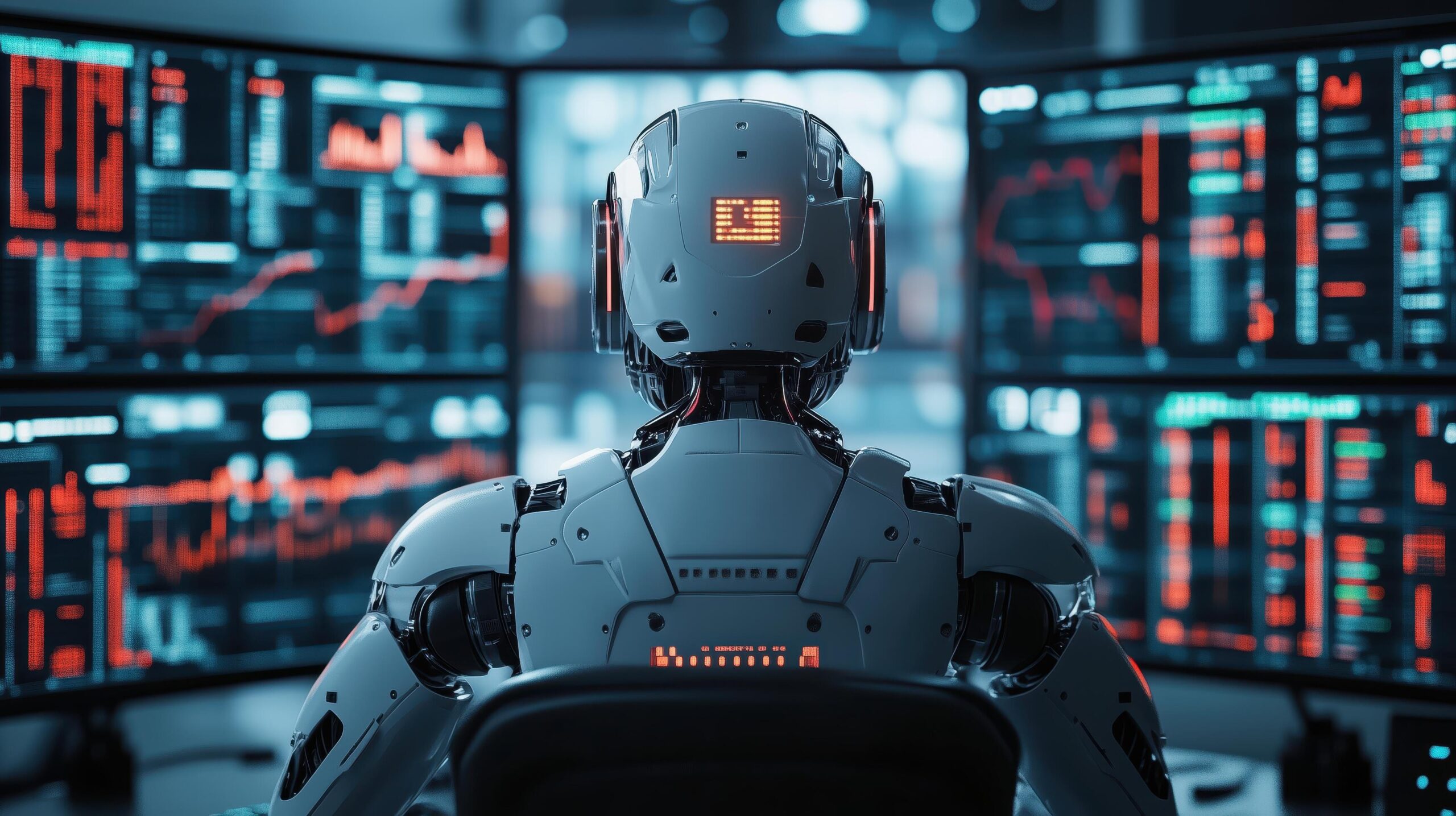 Ai-powered robot analyzing stock market data on multiple computer screens in a dimly lit office Free Photo