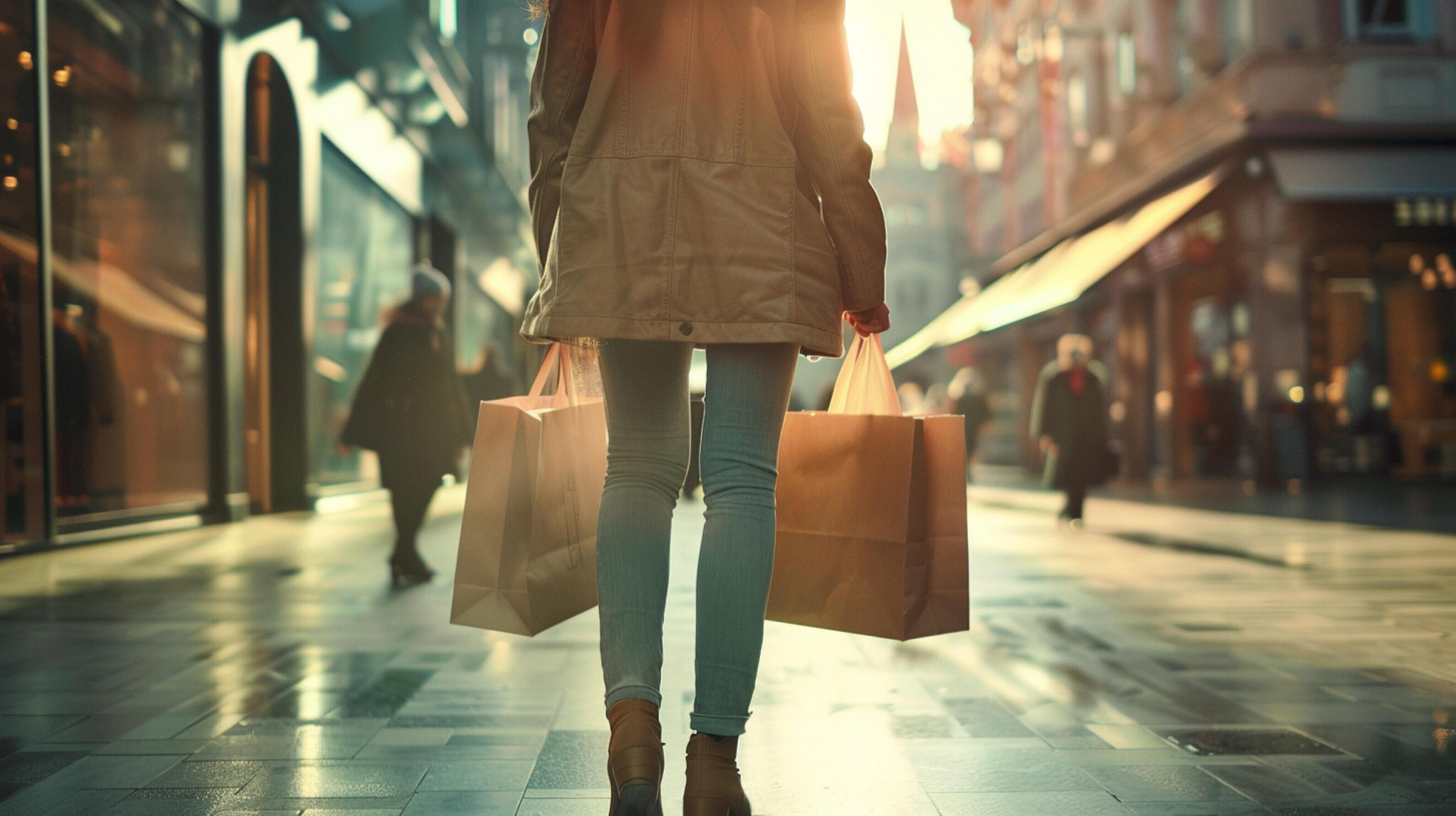 young woman holding shopping bag in city boutique Stock Free