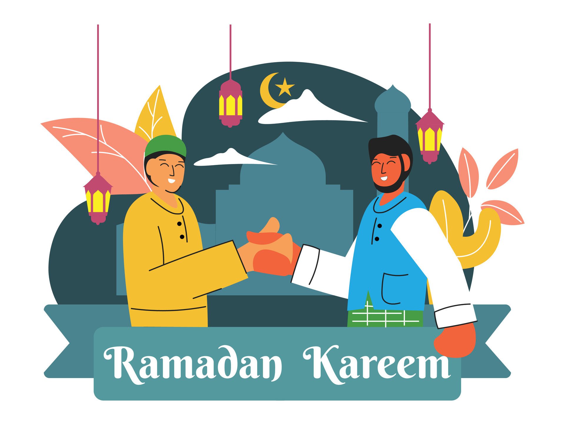 Flat design illustration ramadan kareem. Muslim people celebrating ramadan Free Vector