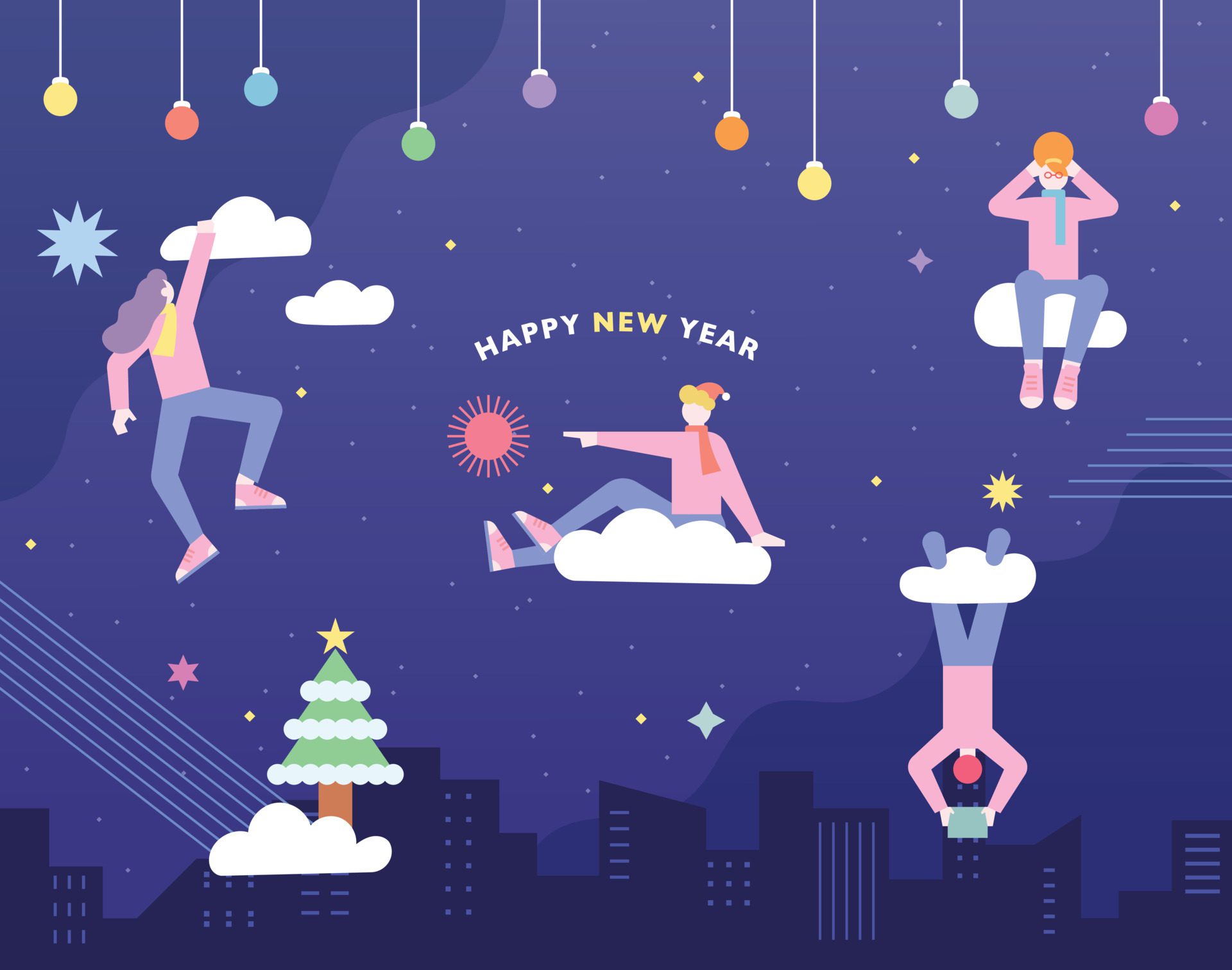 Happy New Year Christmas card. People are playing on the dark night clouds. Free Vector and Free SVG