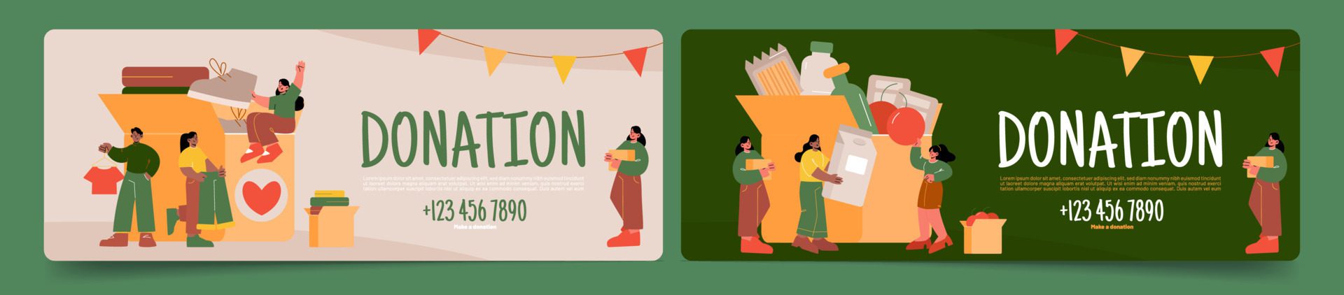 Donation banners with people give clothes and food Free Vector