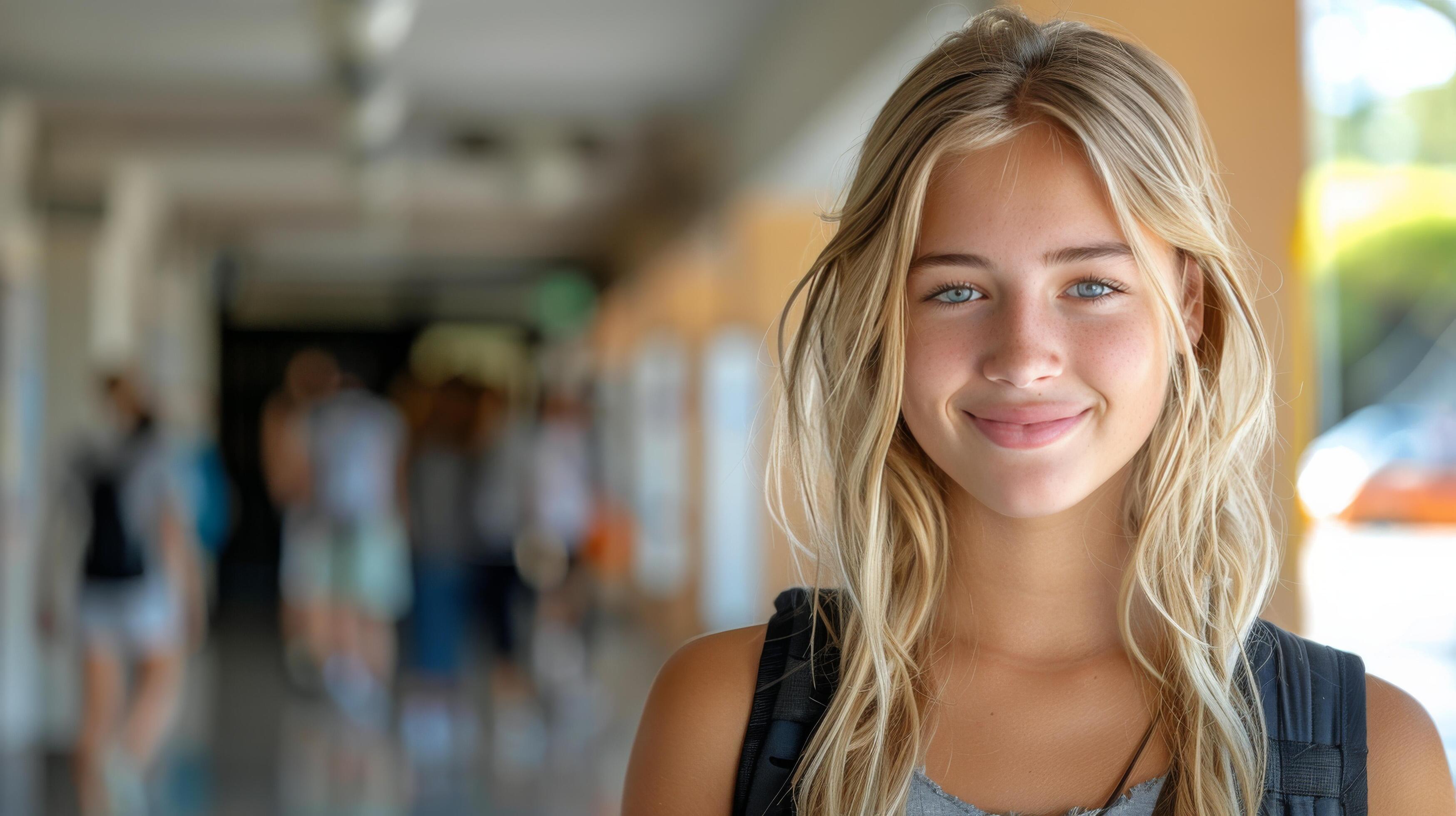 Woman Standing in Hallway With Backpack Stock Free