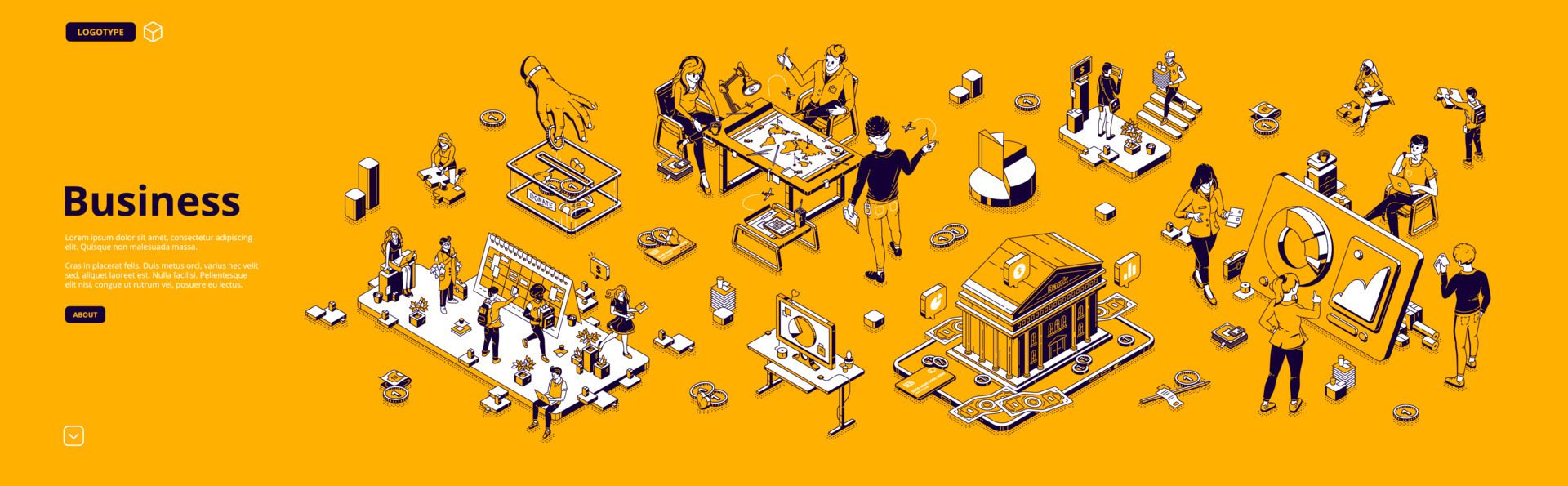 Business isometric landing, workplace with people Free Vector