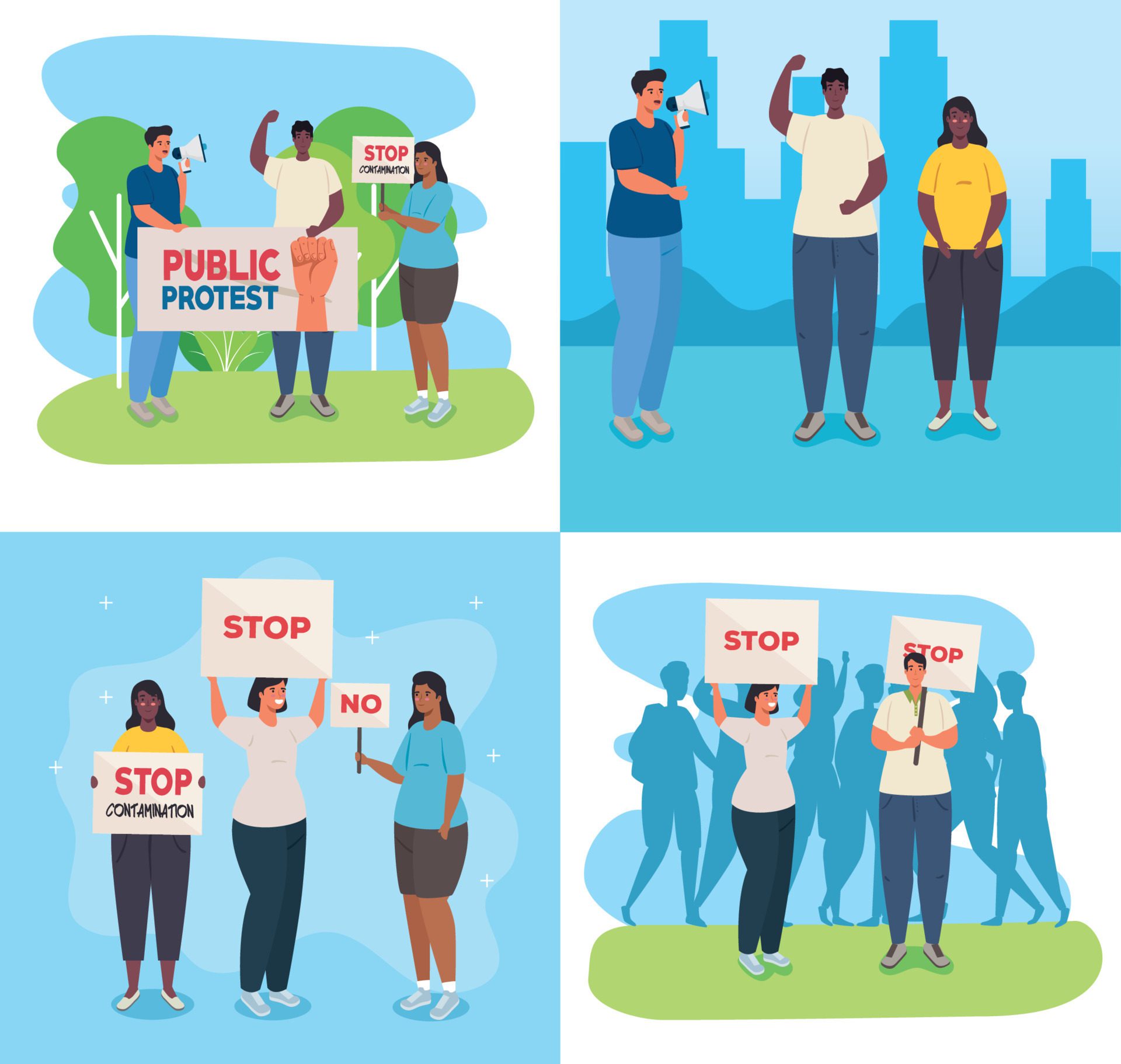 set scenes of people on protests with placards, human right concept Free Vector and Free SVG