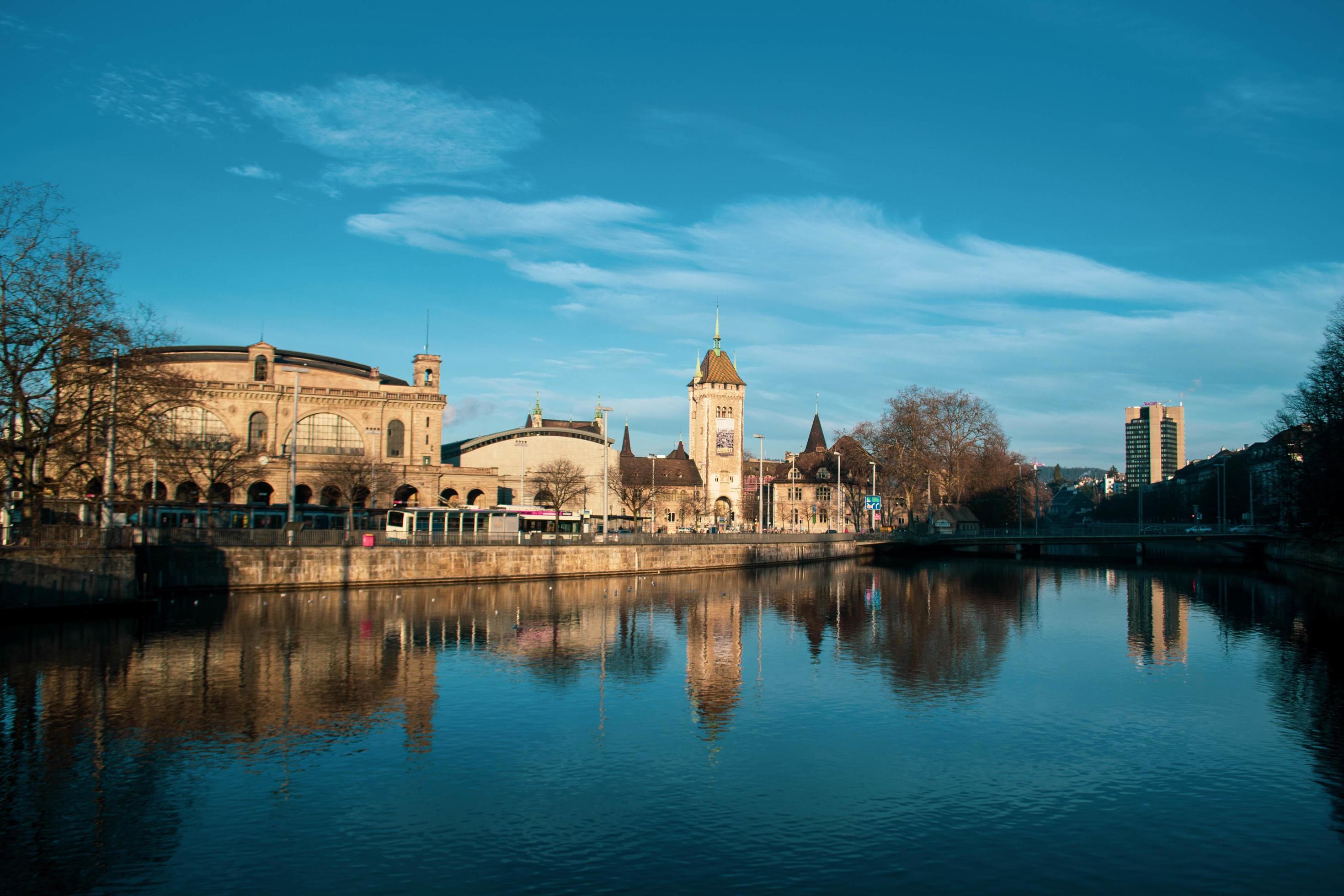 Zurich City, Switzerland. Buildings on the water front Stock Free