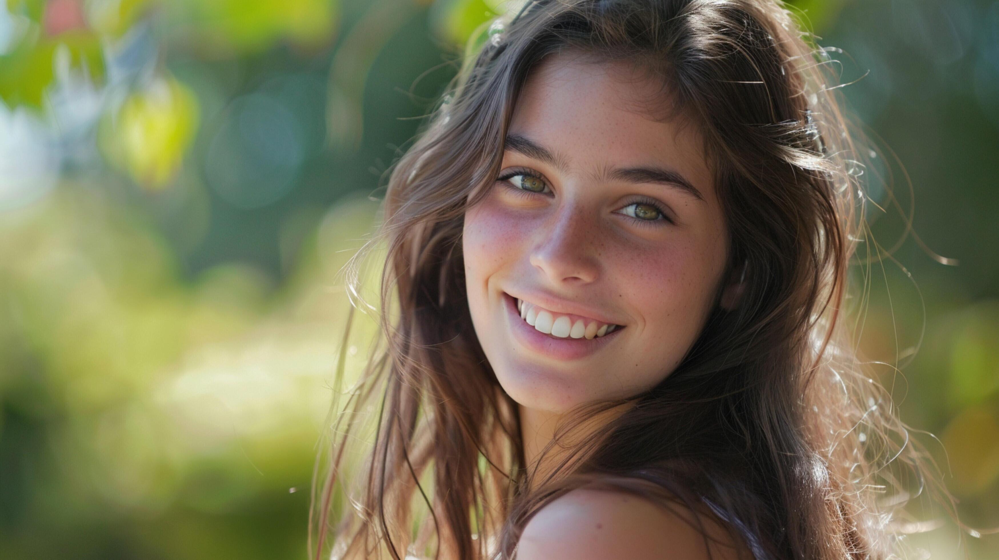 
									young woman with long brown hair smiling Stock Free