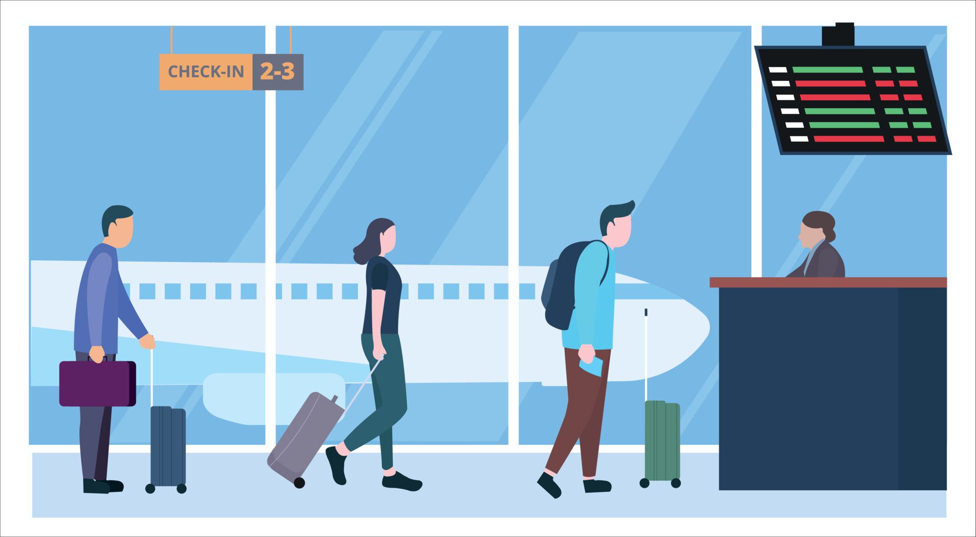 Vector Illustration of people boarding flight airport in queue. Travel Free Vector