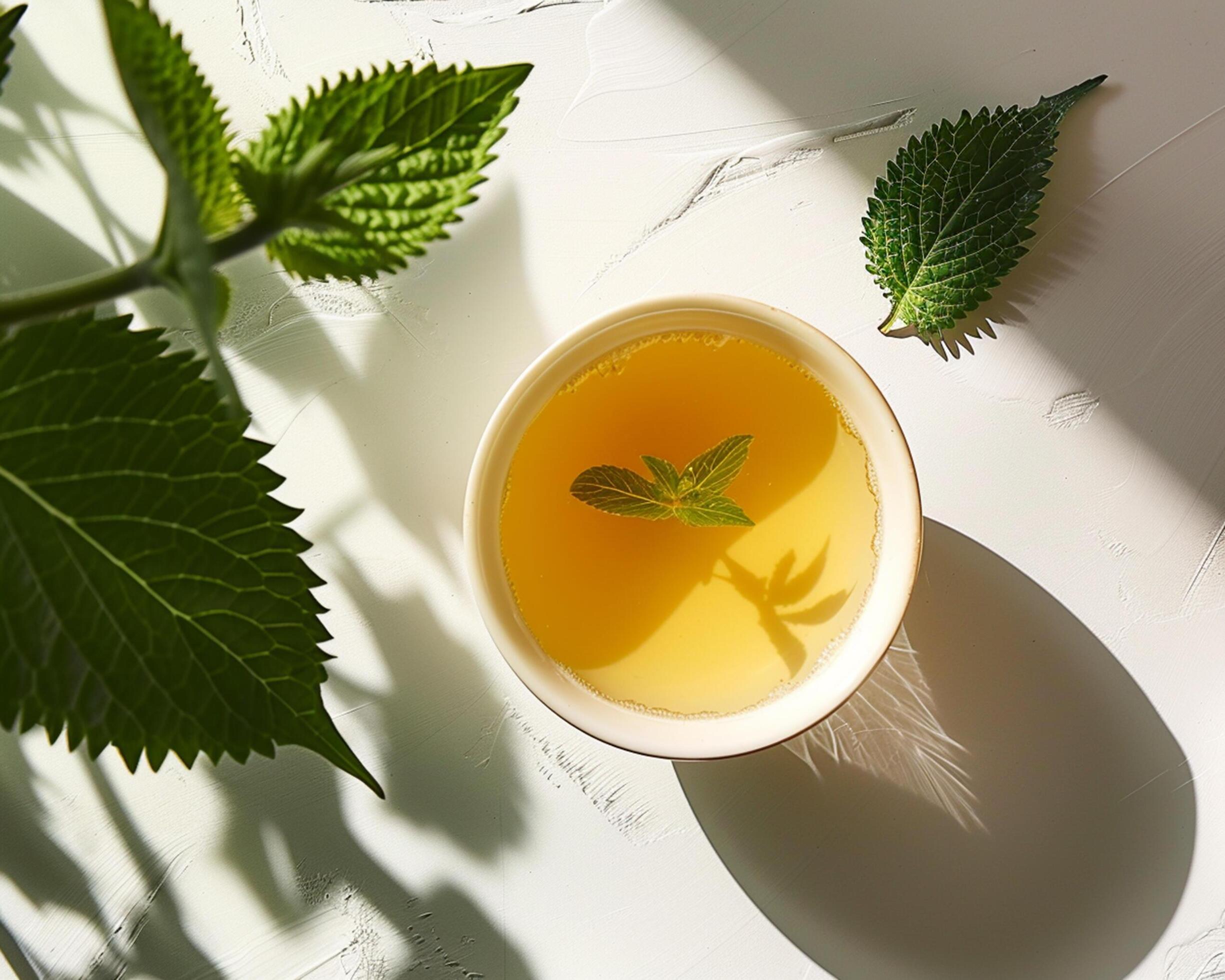 a cup of tea with leaves on a table Stock Free