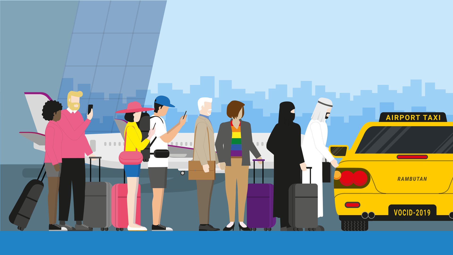 Travel concept of Diversity people standing at taxi waiting queue line Free Vector