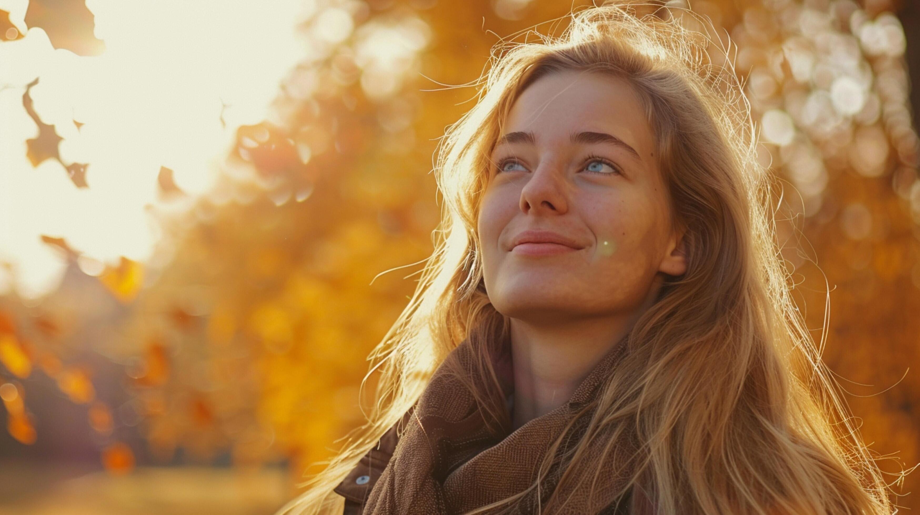 young woman with long blond hair enjoying autumn Stock Free