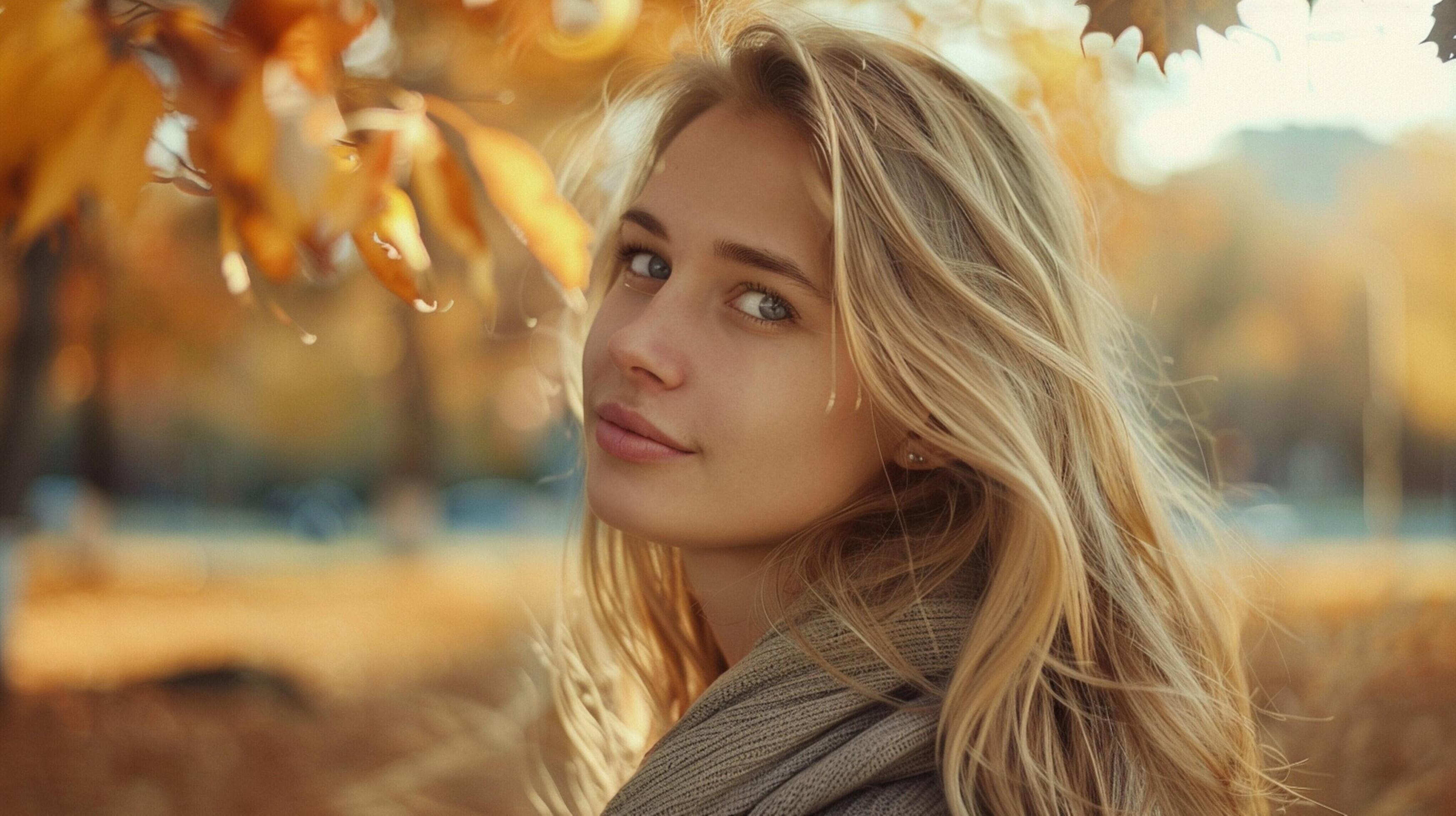 young woman with long blond hair enjoying autumn Stock Free