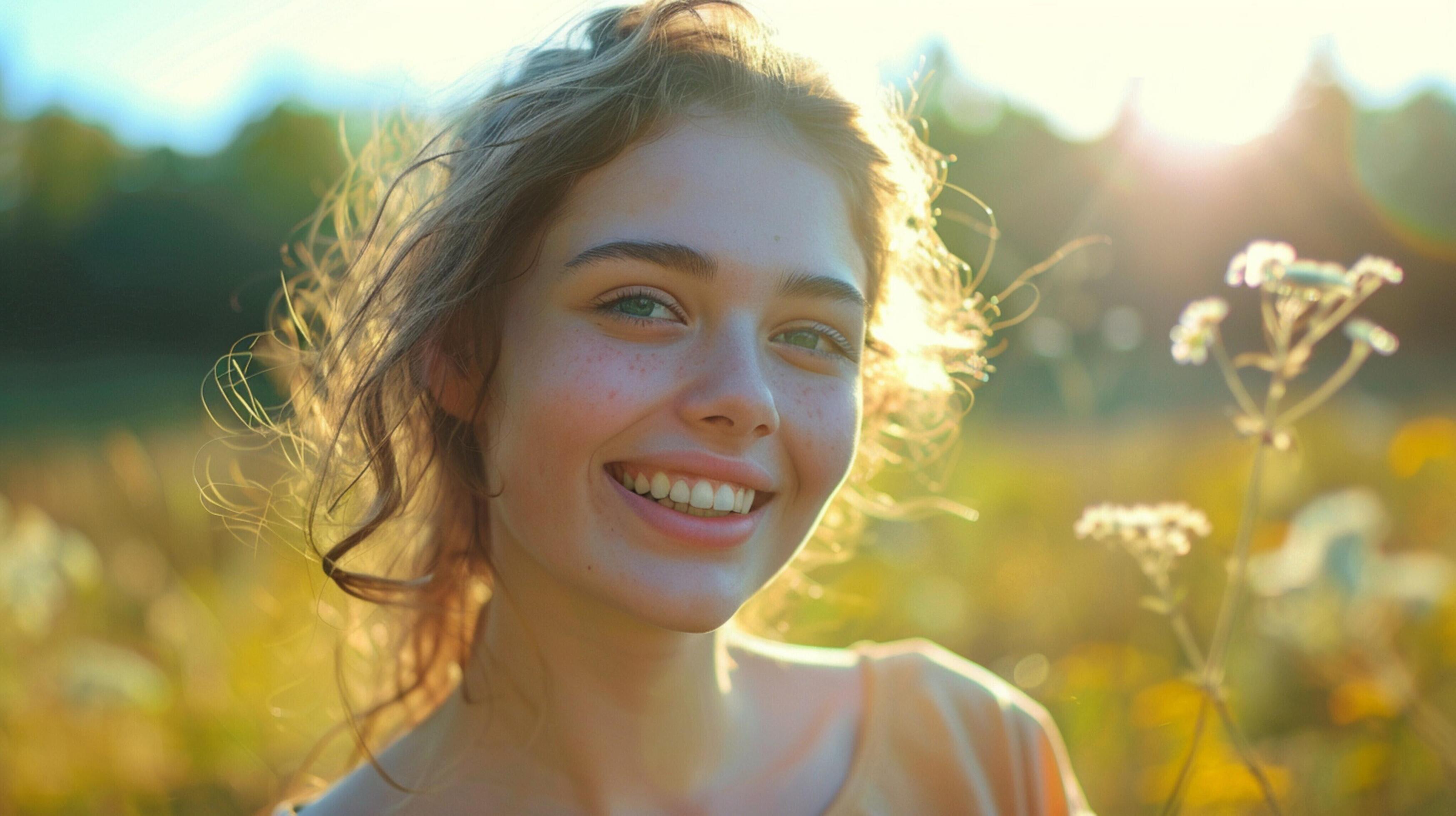 young woman outdoors looking at camera smiling Stock Free