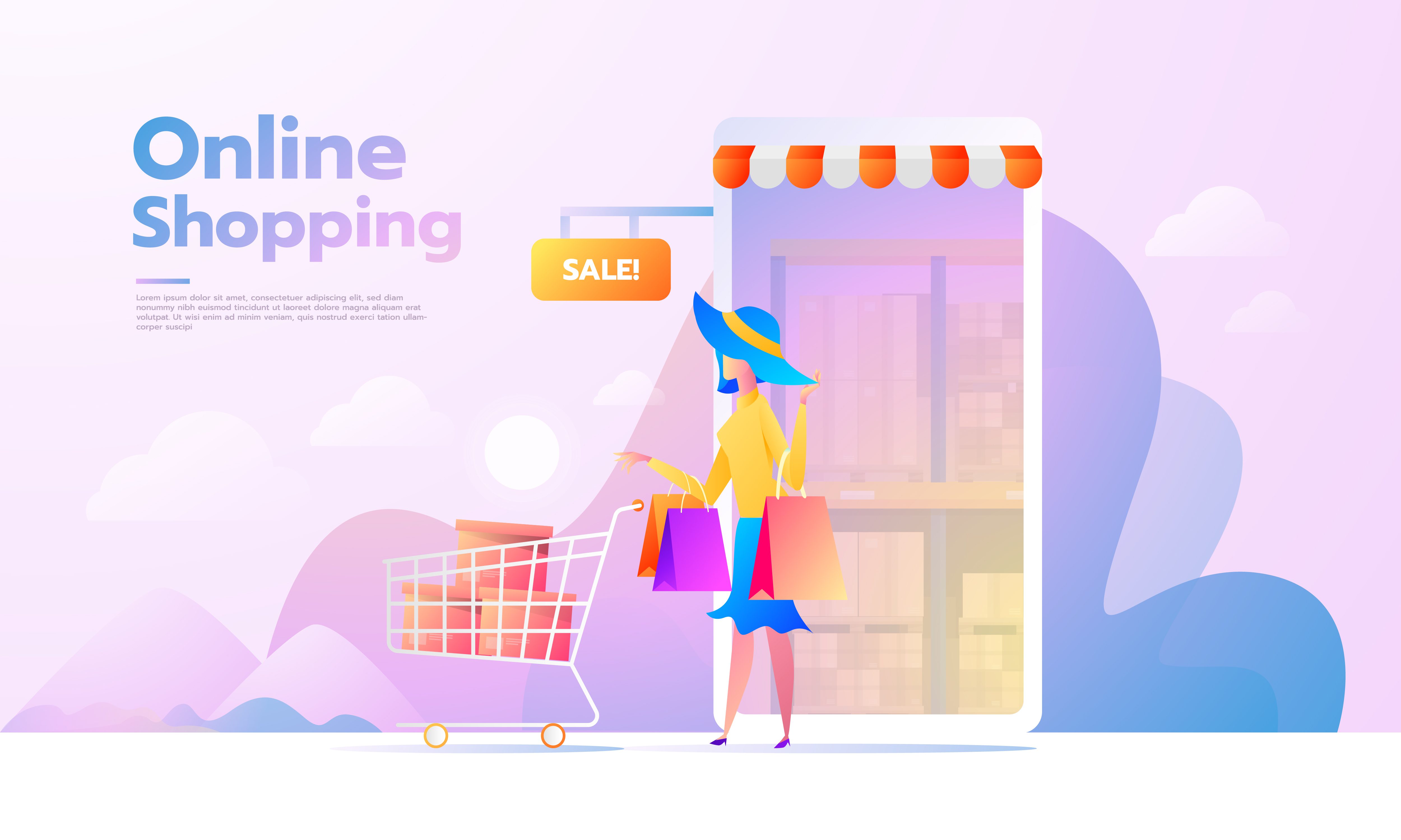 
									E-commerce buyer. Internet items. Banner with young woman shopping online. vector illustrations. Interacting people Free Vector