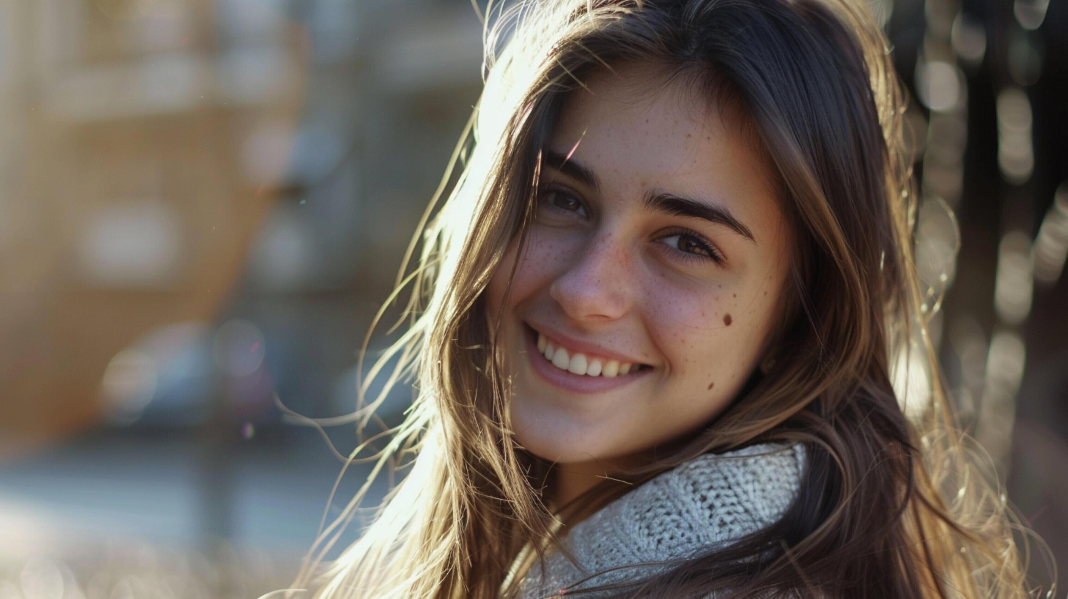 young woman with long brown hair smiling Stock Free