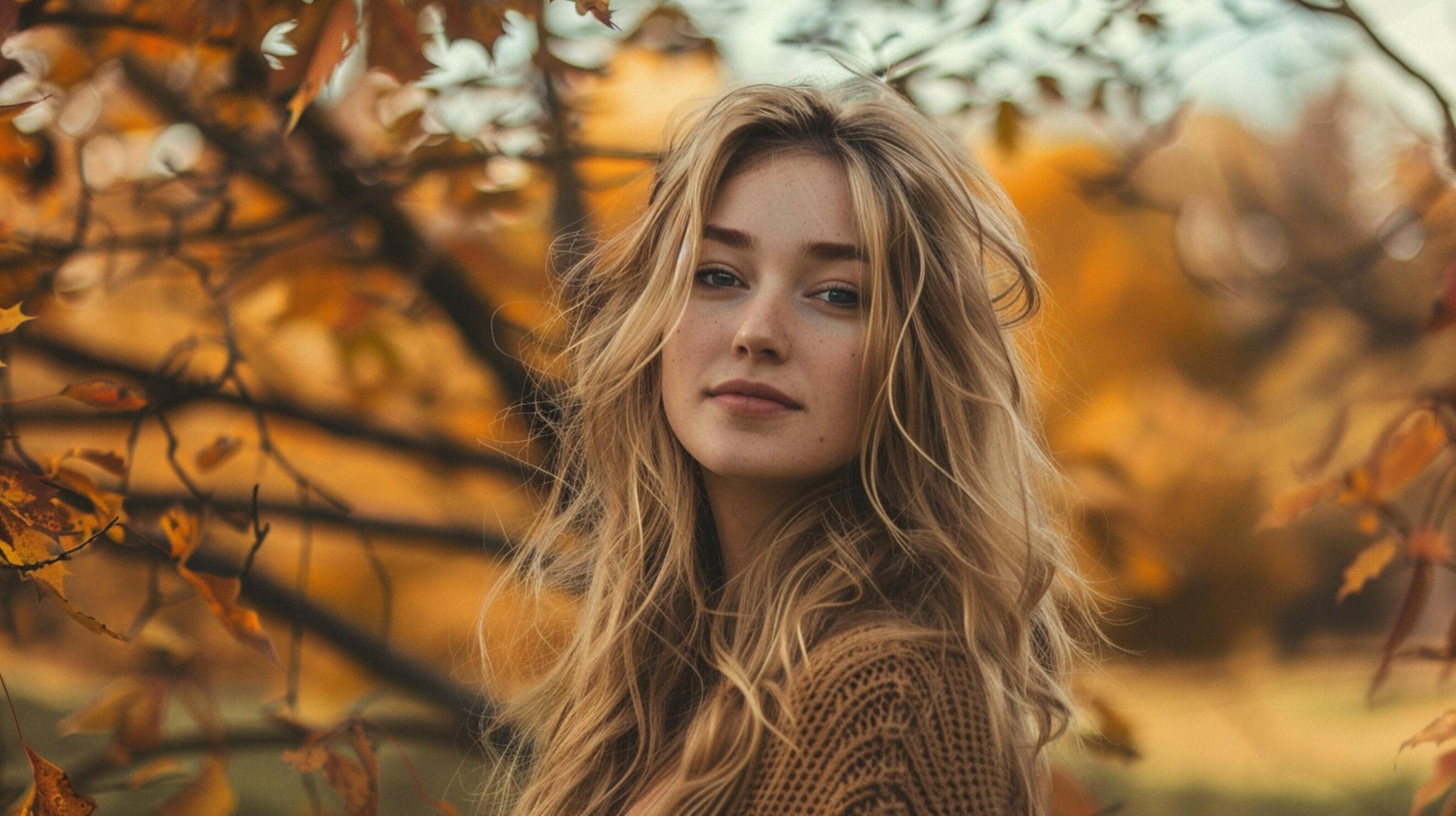 young woman with long blond hair enjoying autumn Stock Free