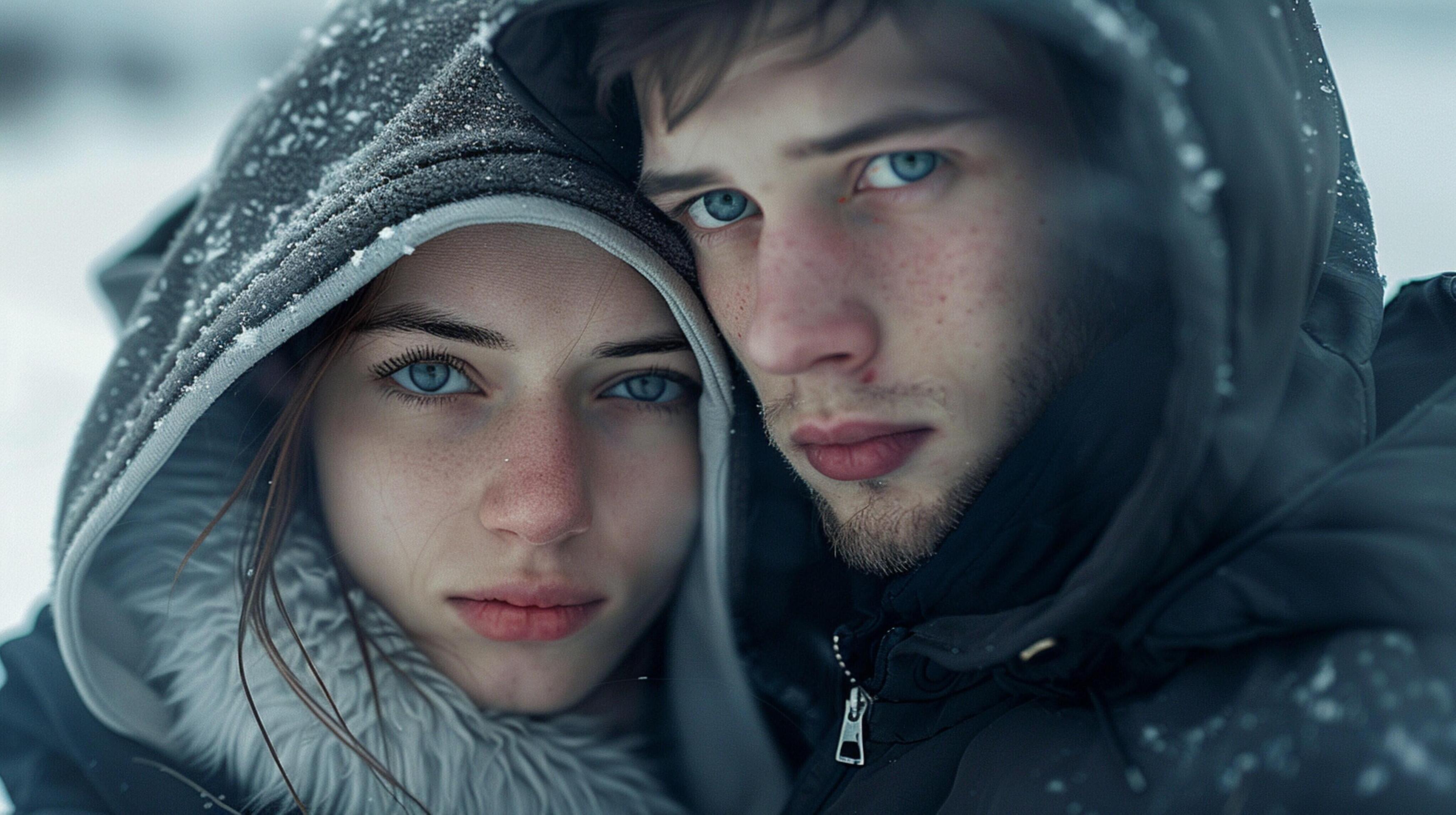 young couple in hooded shirts looking at camera Stock Free