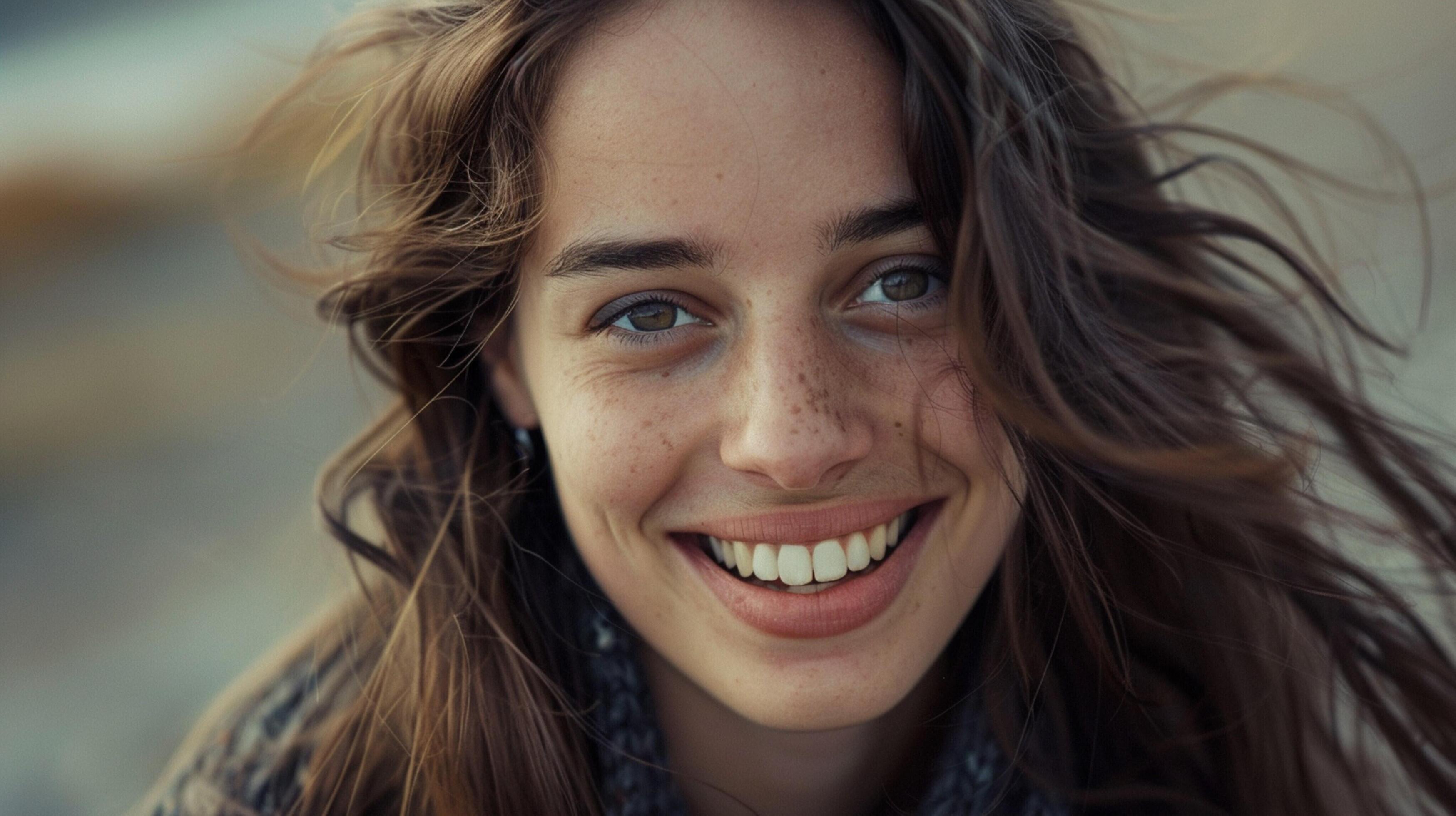 young woman with long brown hair smiling Stock Free