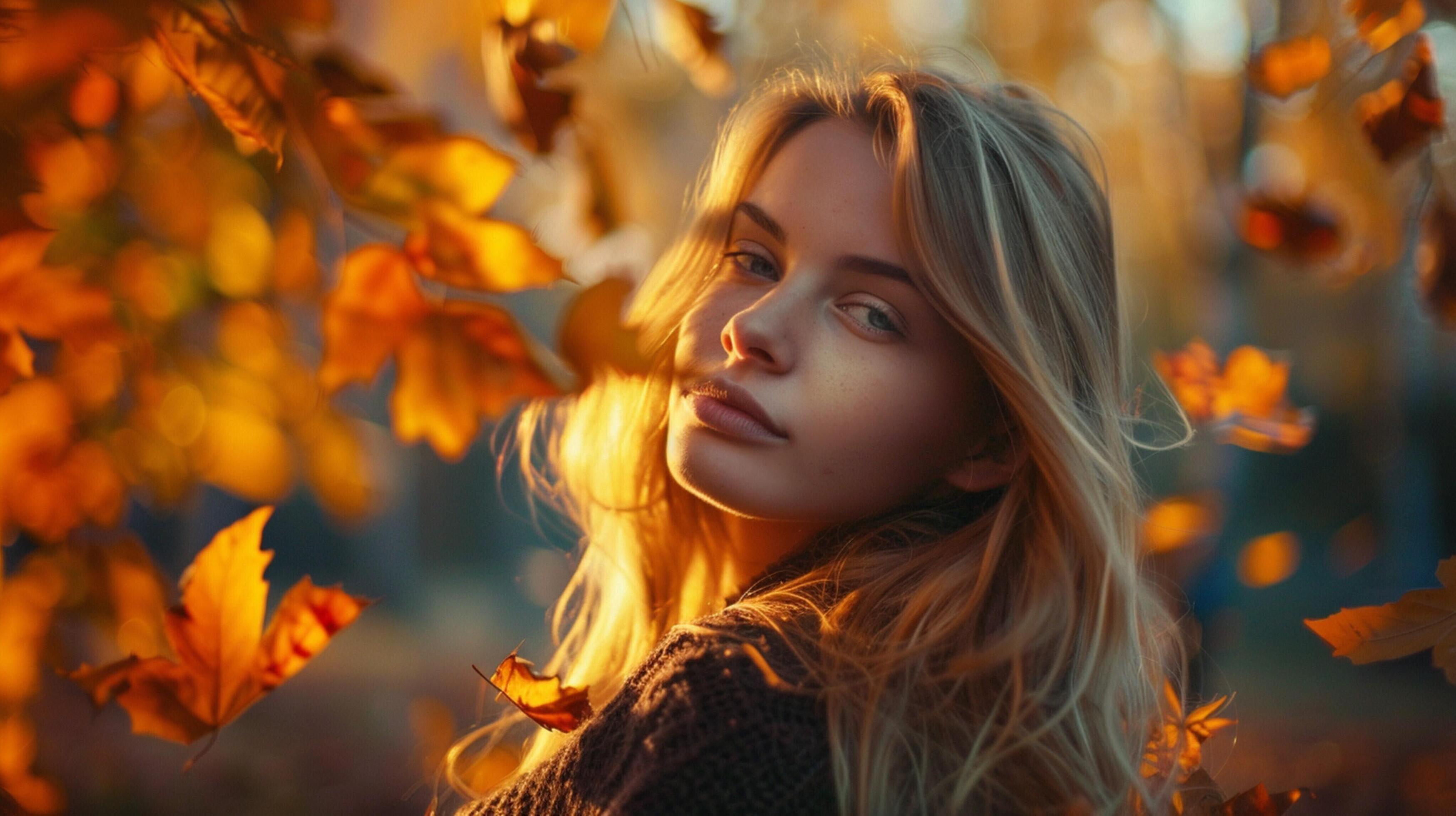 young woman with long blond hair enjoying autumn Stock Free