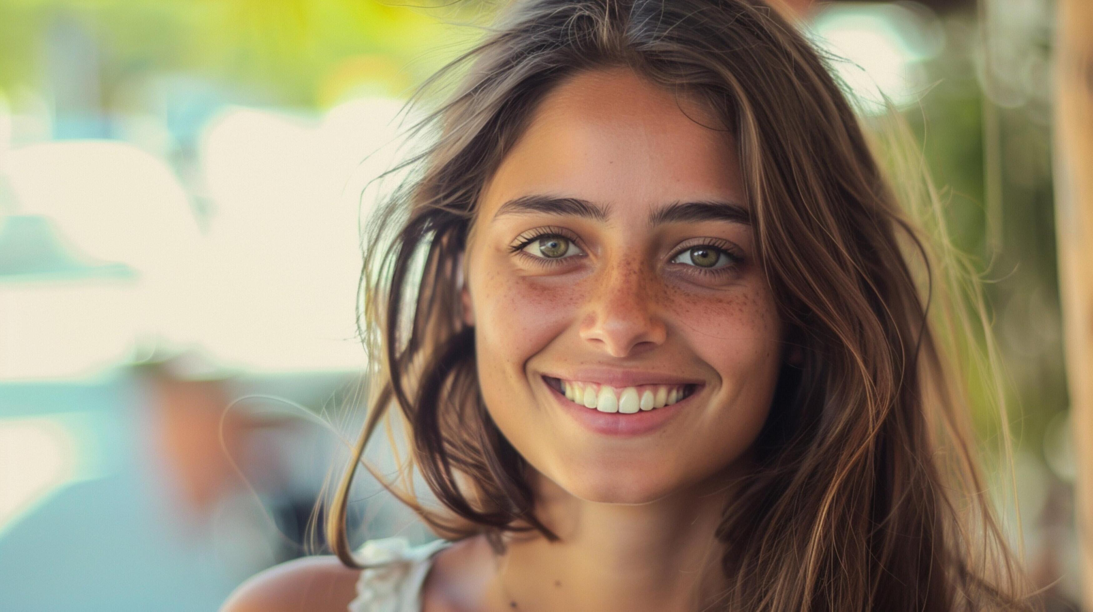 
									young woman with long brown hair smiling Stock Free