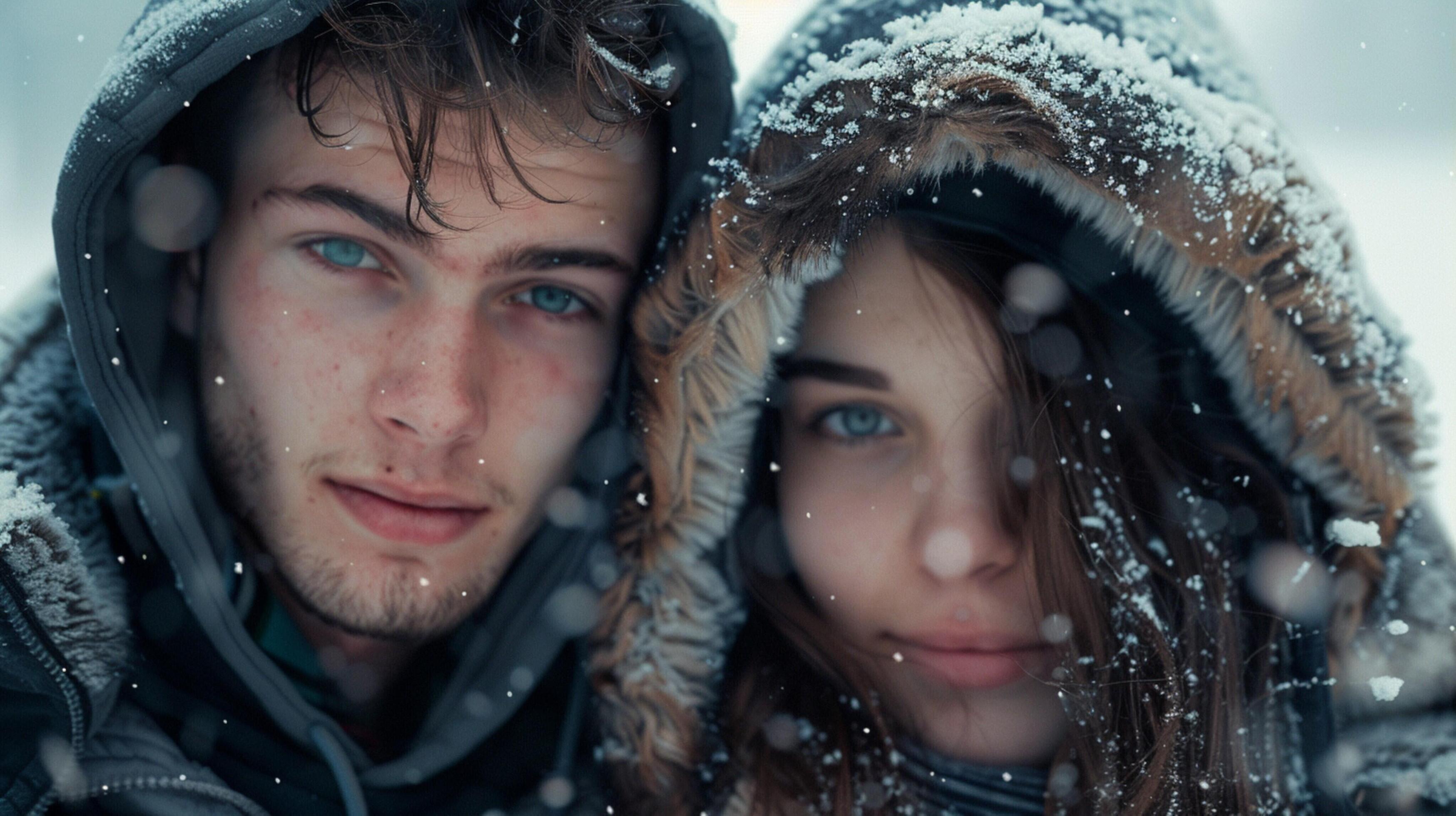 young couple in hooded shirts looking at camera Stock Free