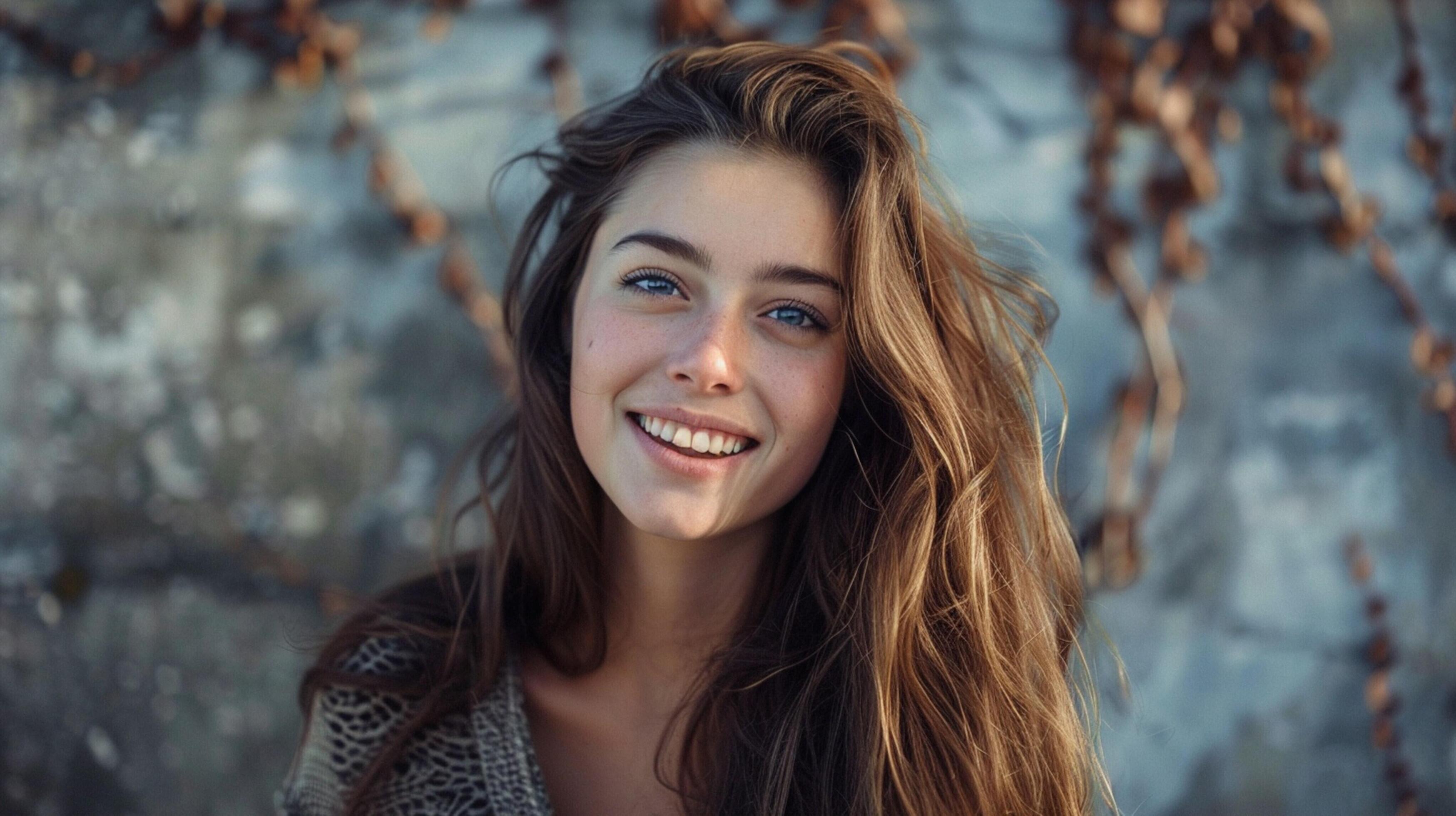 young woman with long brown hair smiling Stock Free