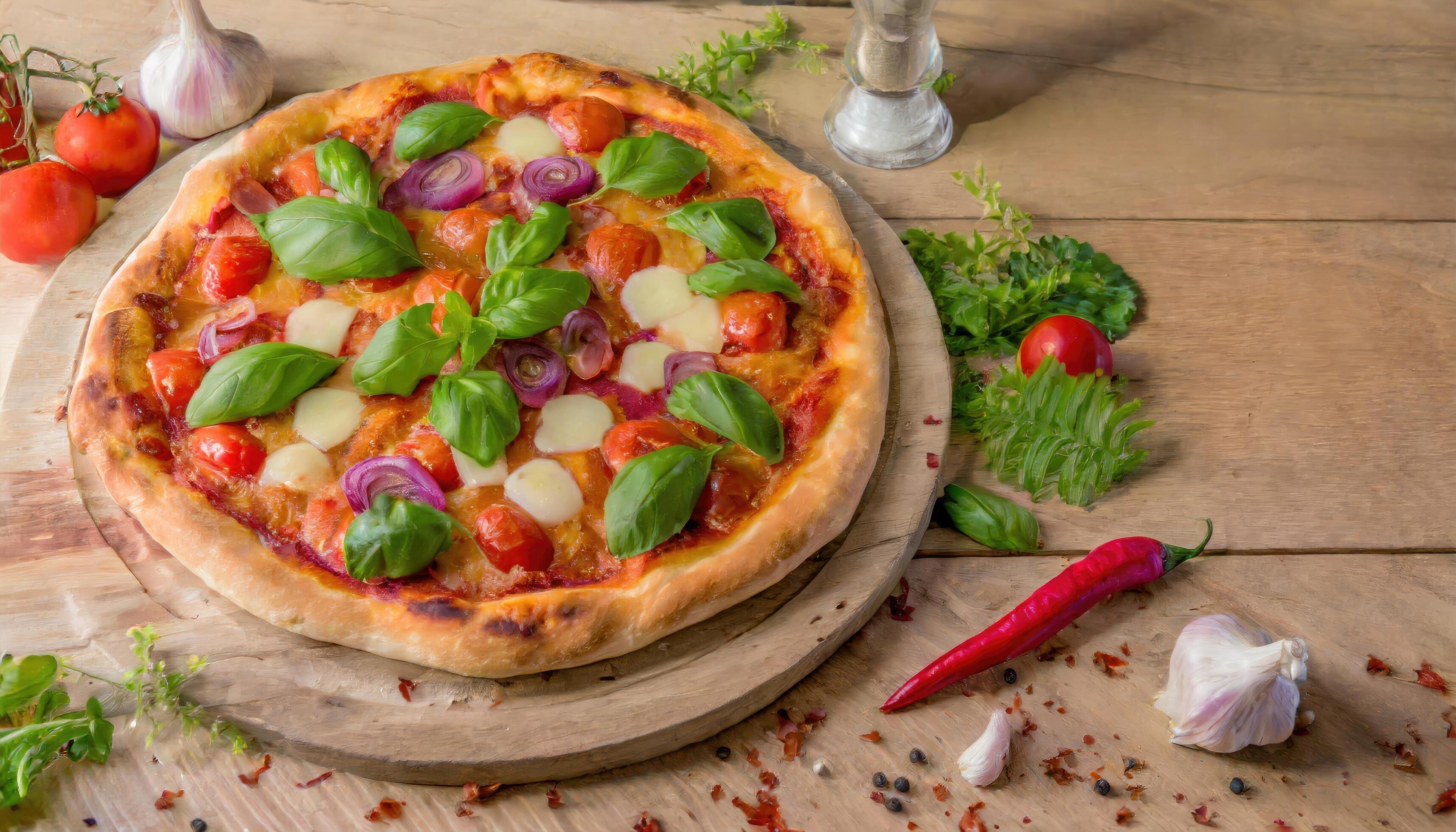 Copy Space image of Pizza Margherita on wooden background, landscape view background. Stock Free