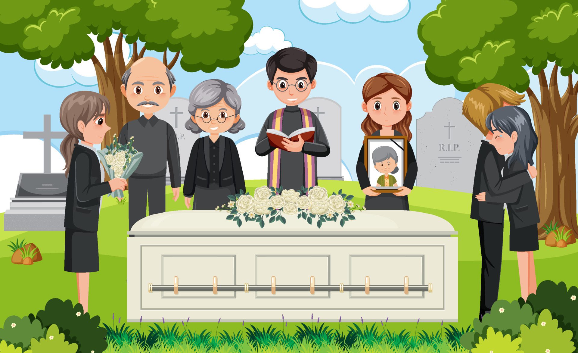 Sad people at funeral ceremony Free Vector