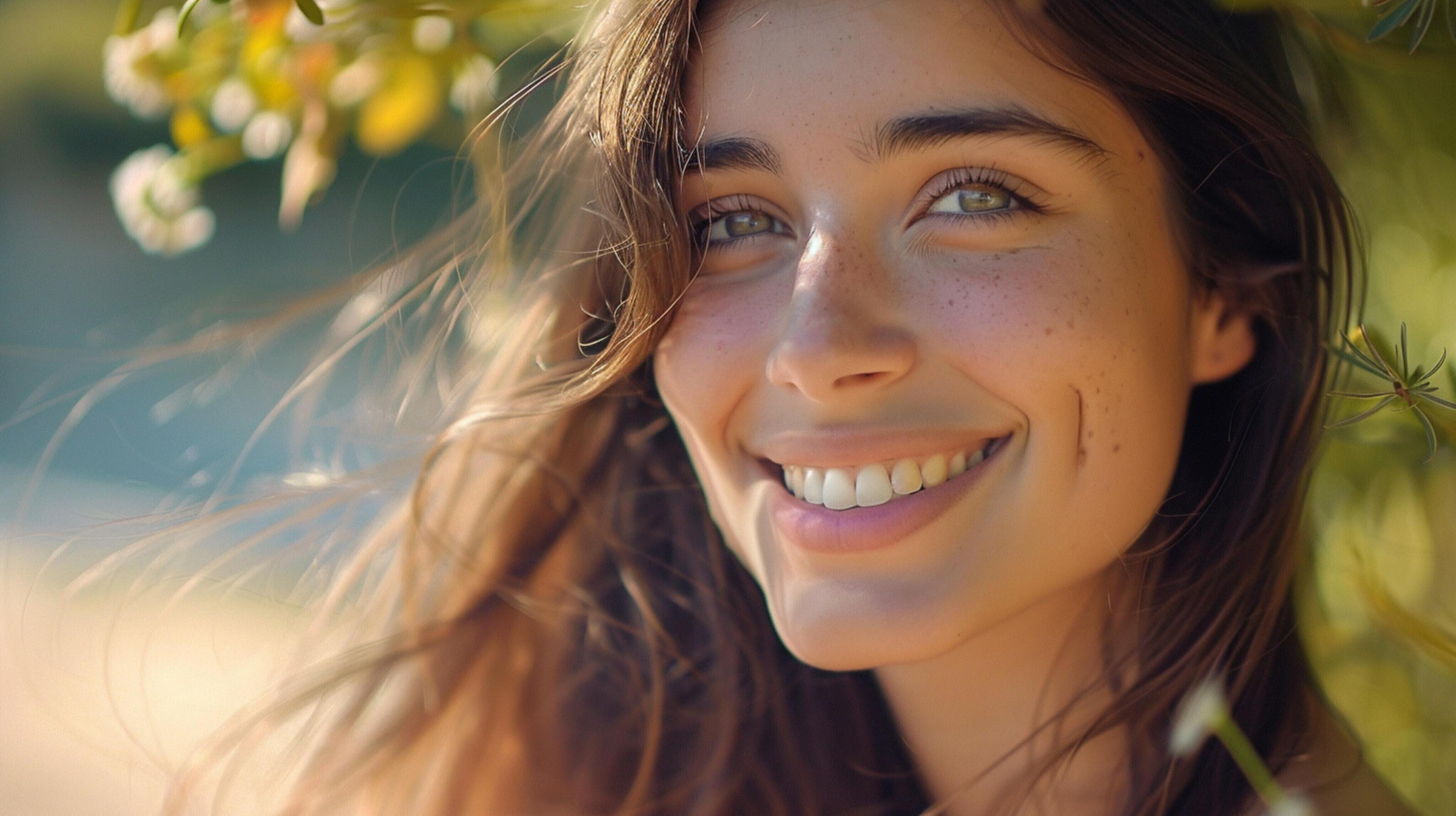 young woman with long brown hair smiling Stock Free