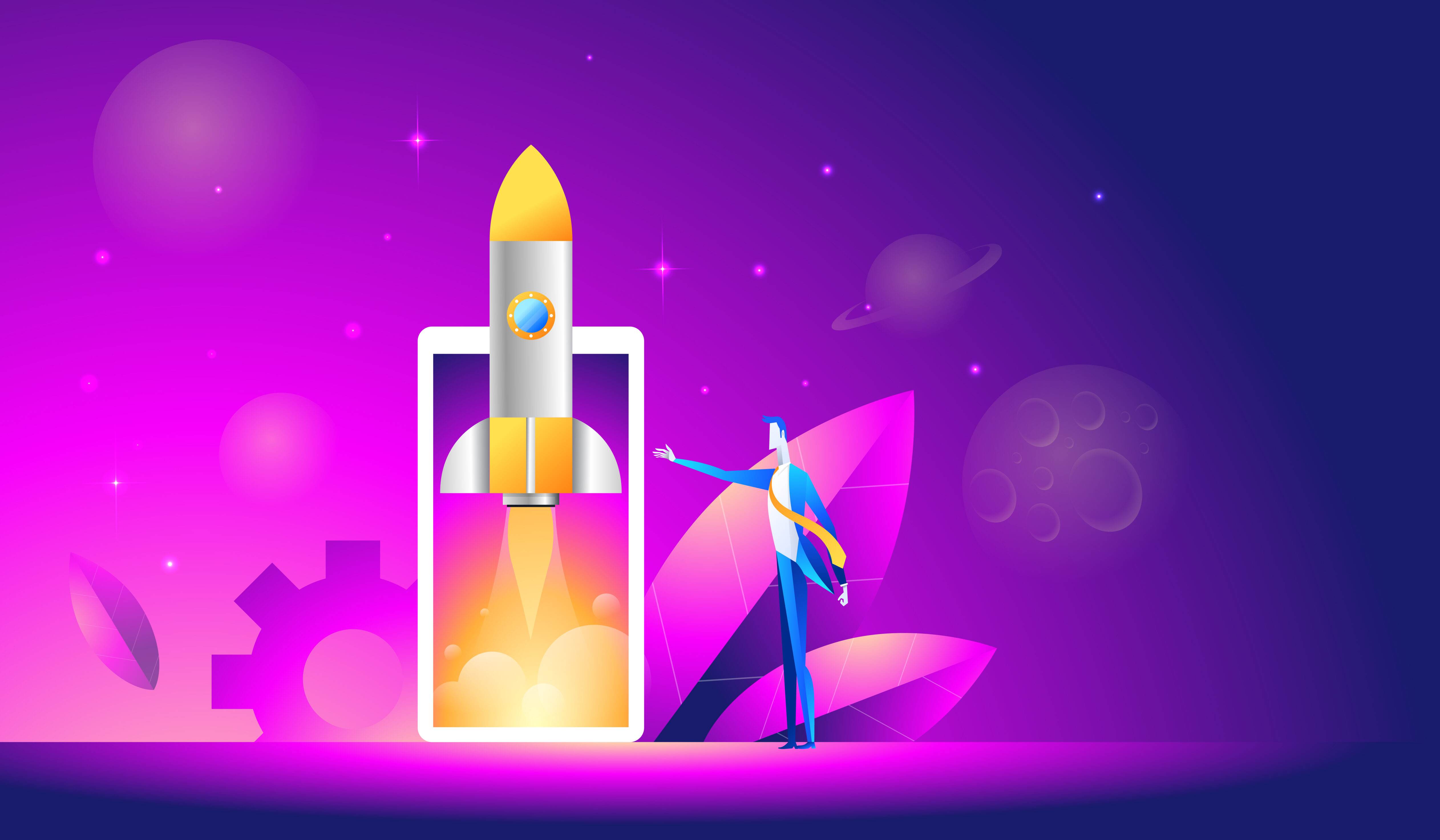 Launch of a mobile application isometric illustration. Takeoff rocket or spacecraft over the mobile phone Free Vector