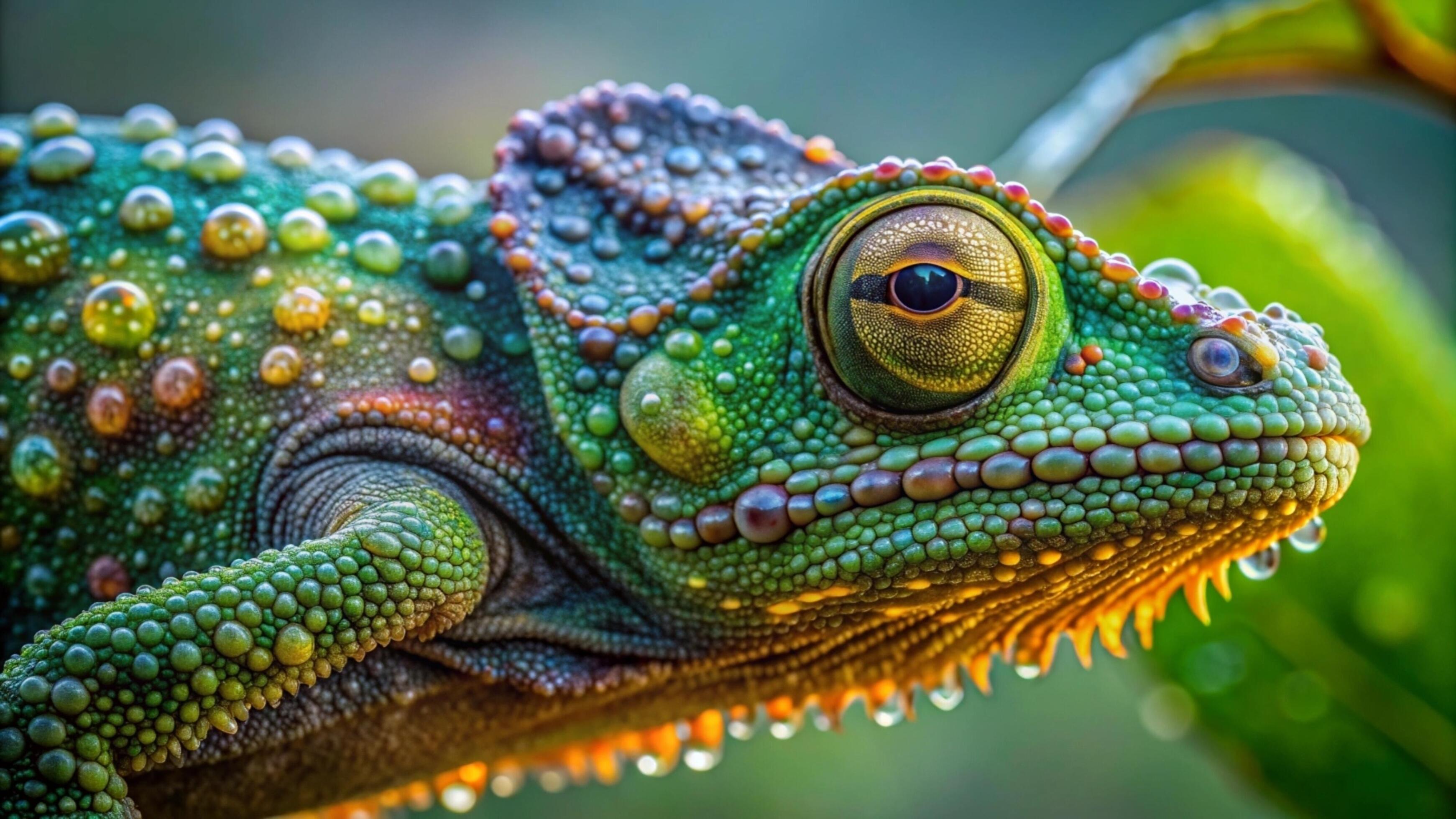 A vibrant chameleon camouflaging against a lush green forest background. Stock Free