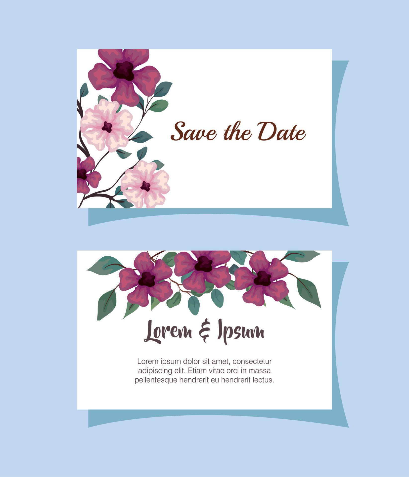 greeting cards with flowers purple and pink color, wedding invitations with flowers with branches and leaves decoration Stock Free