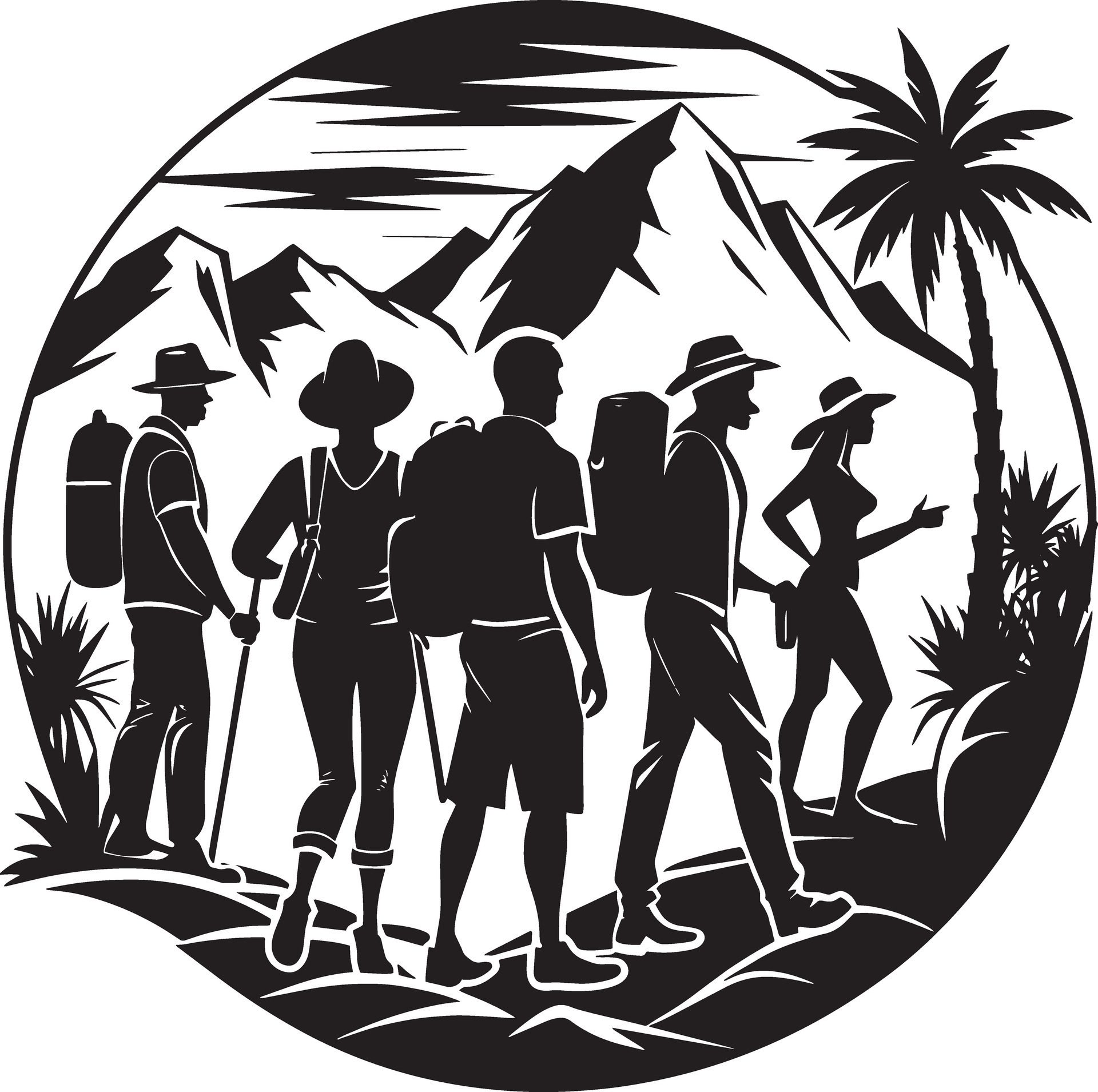 silhouettes of tourist people on the beach illustration black and white Free Vector