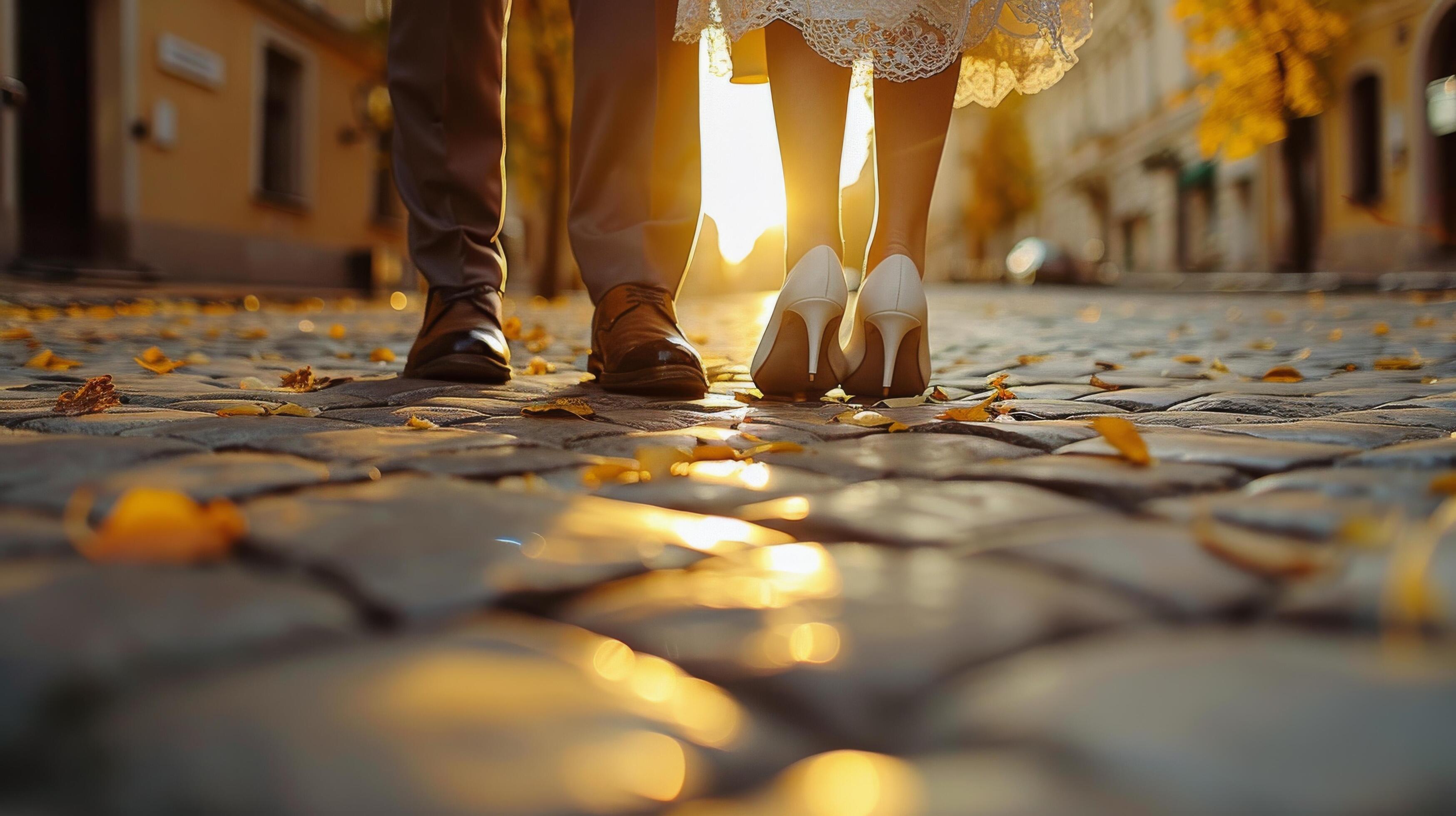 Bride and Groom Walking Down Street Stock Free