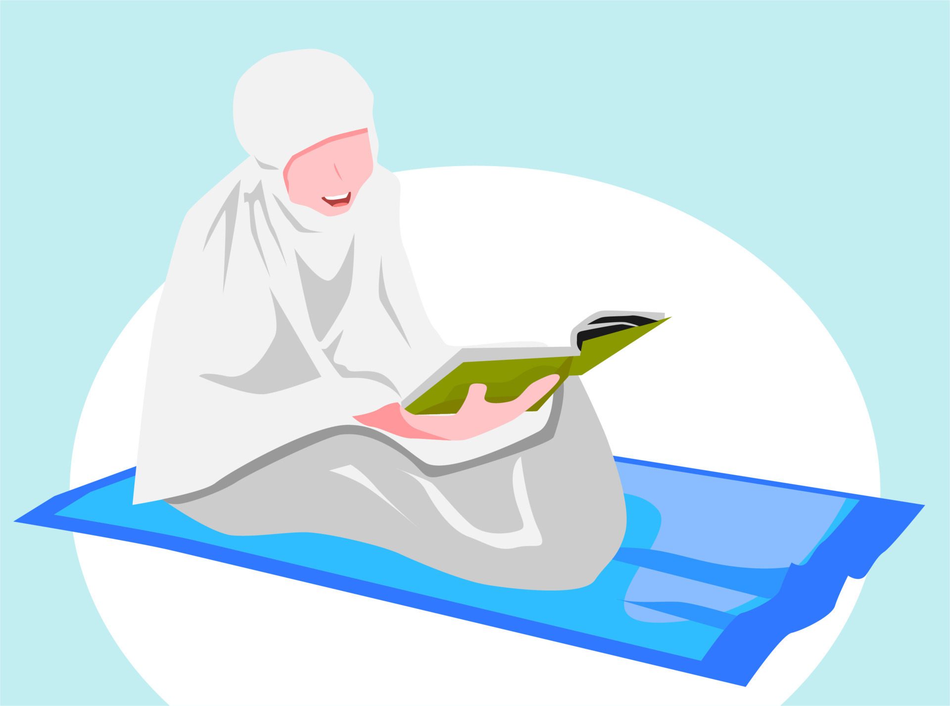 Muslim faceless woman wearing prayer hijab reading a book. Muslim faceless woman sitting cross-legged on a prayer rug. Free Vector and Free SVG