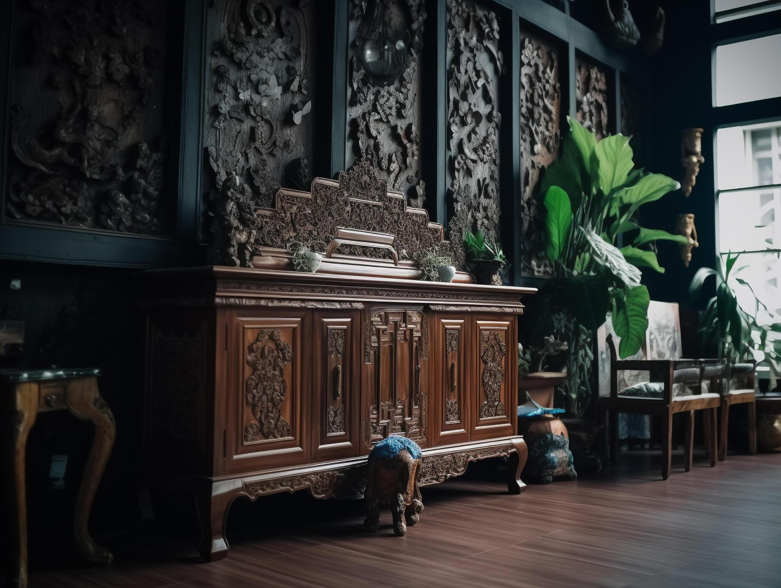 
									Indonesian Javanese furniture with classical ornaments Stock Free