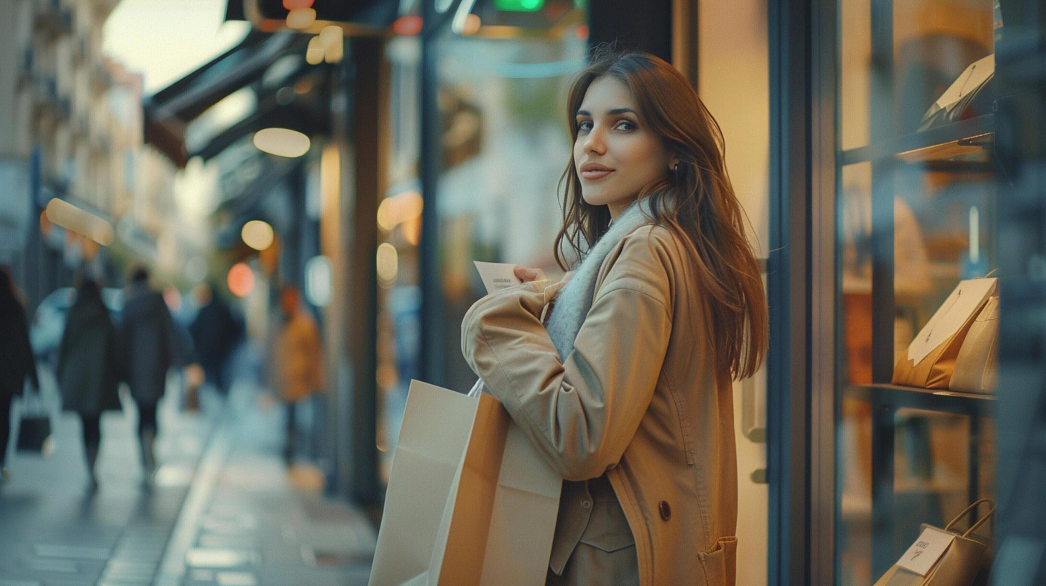 young woman holding shopping bag in city boutique Stock Free