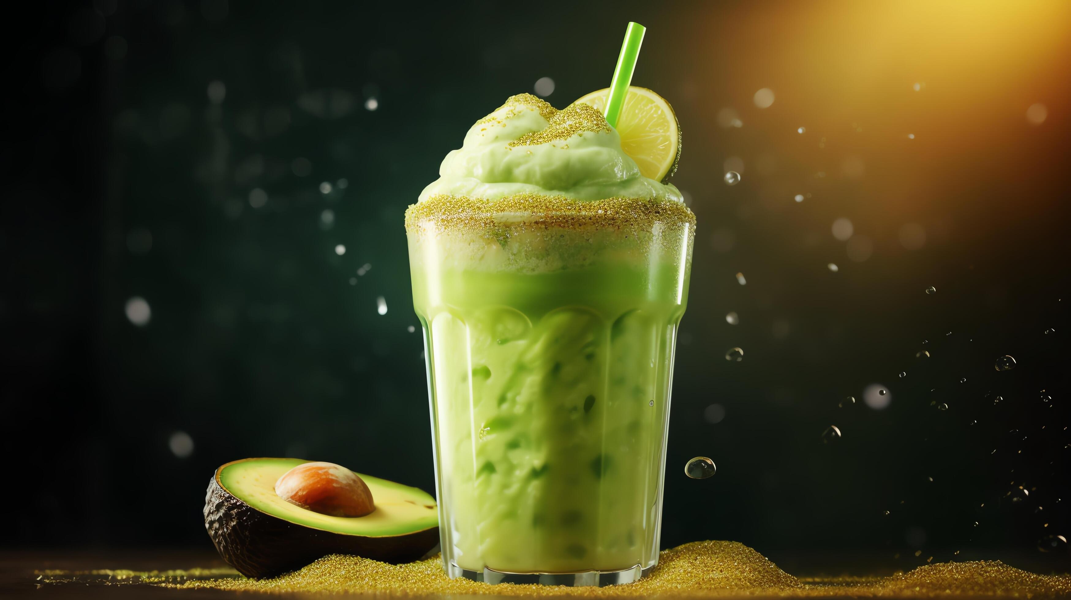 Generate an image of a single avocado smoothie in a tall glass with a lime wedge on the rim and a green straw Stock Free