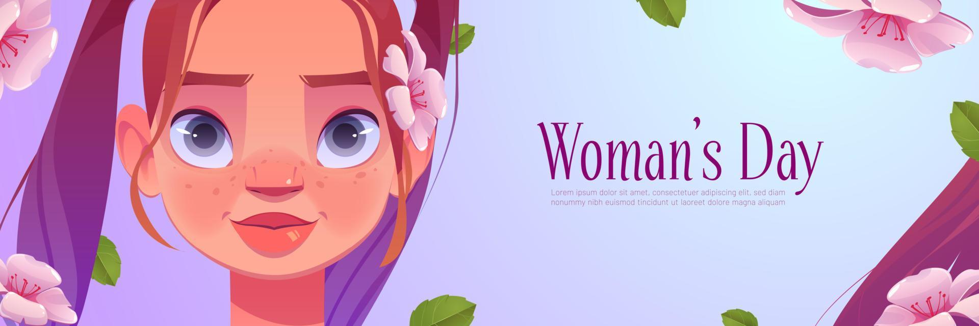 Womens day poster with pretty girl and flowers Stock Free