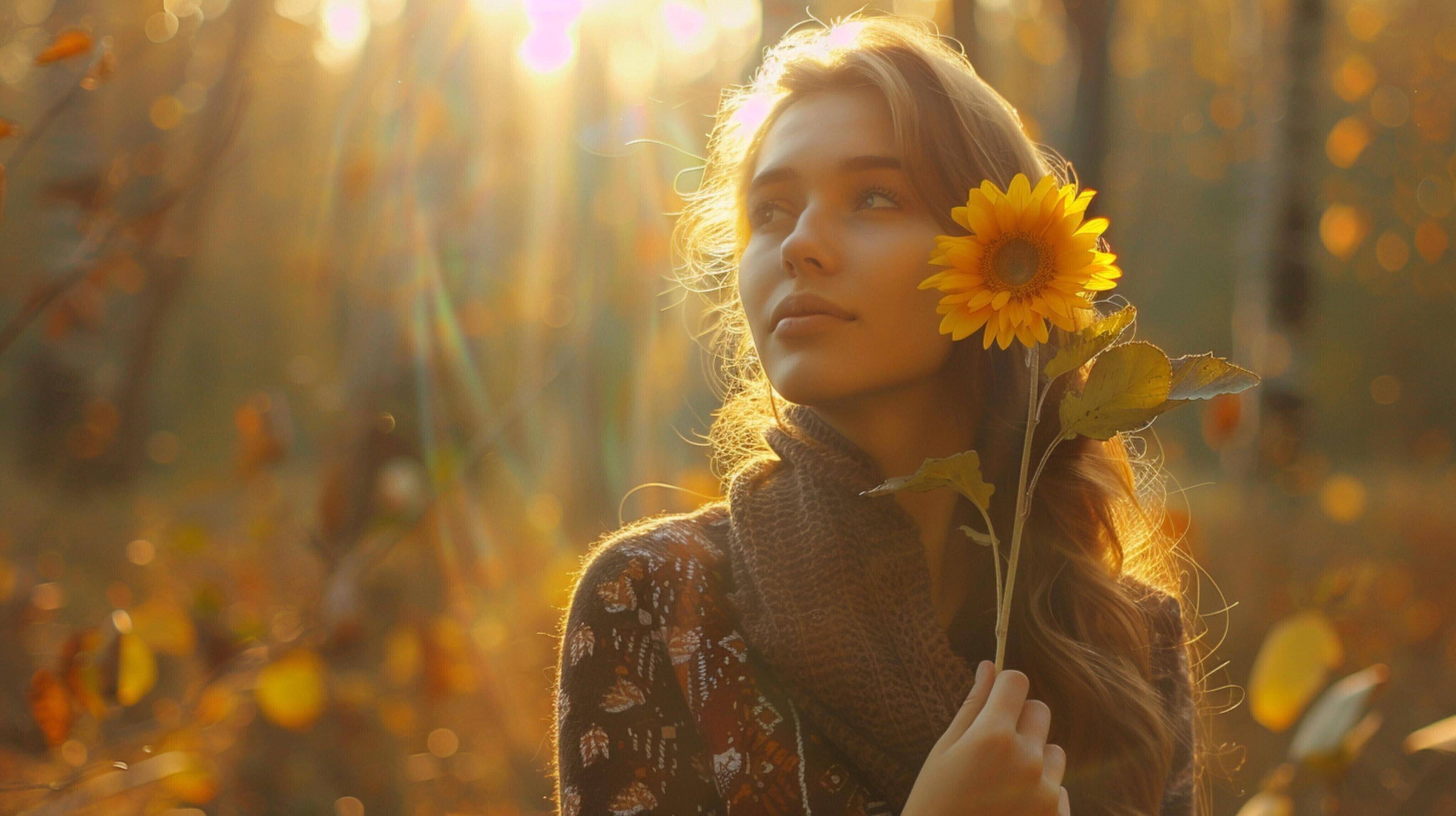 young woman in autumn forest holding yellow flow Stock Free