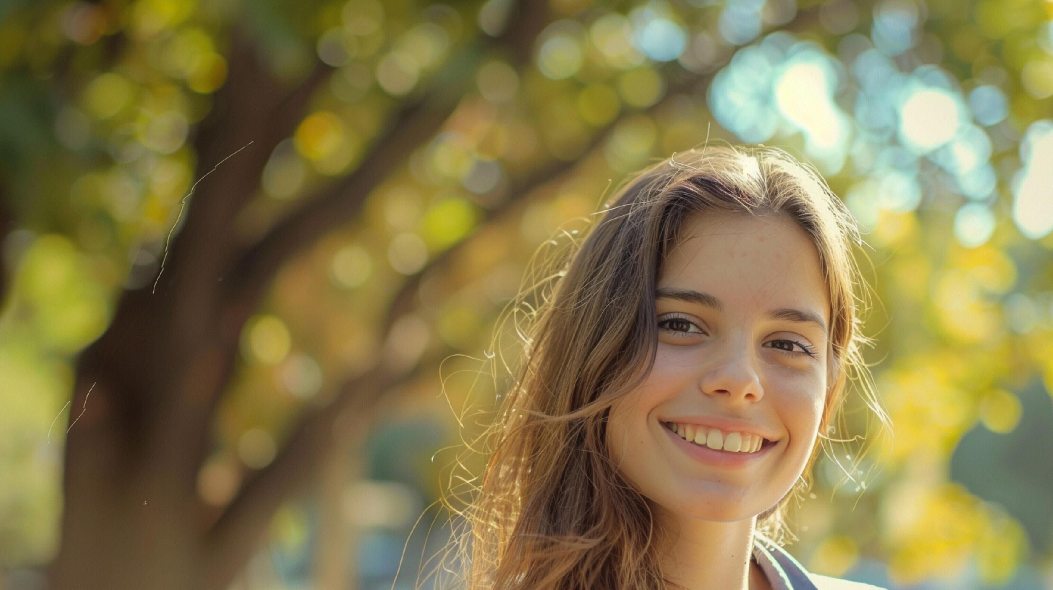 young woman with long brown hair smiling Stock Free