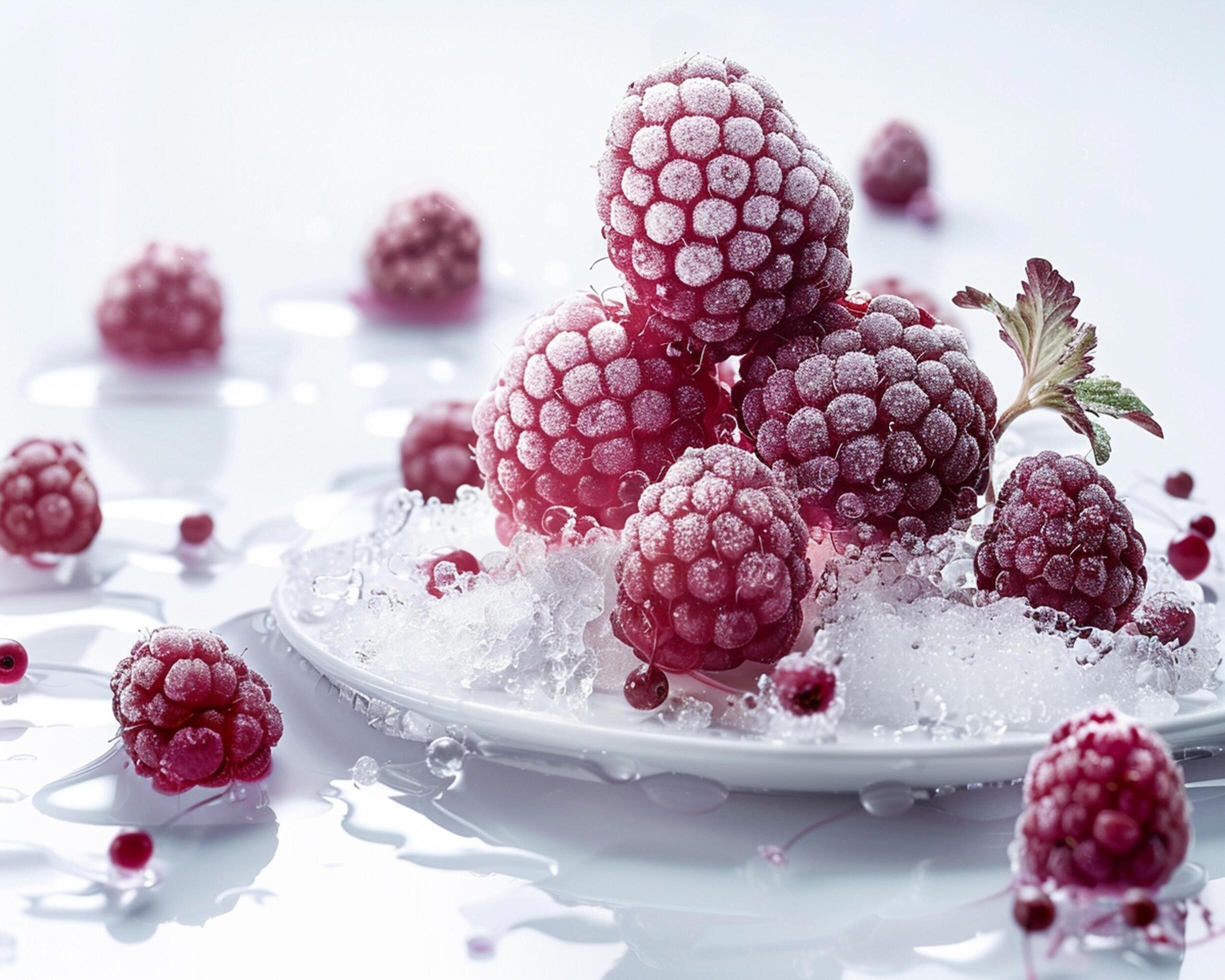 a plate full of raspberries on ice Stock Free