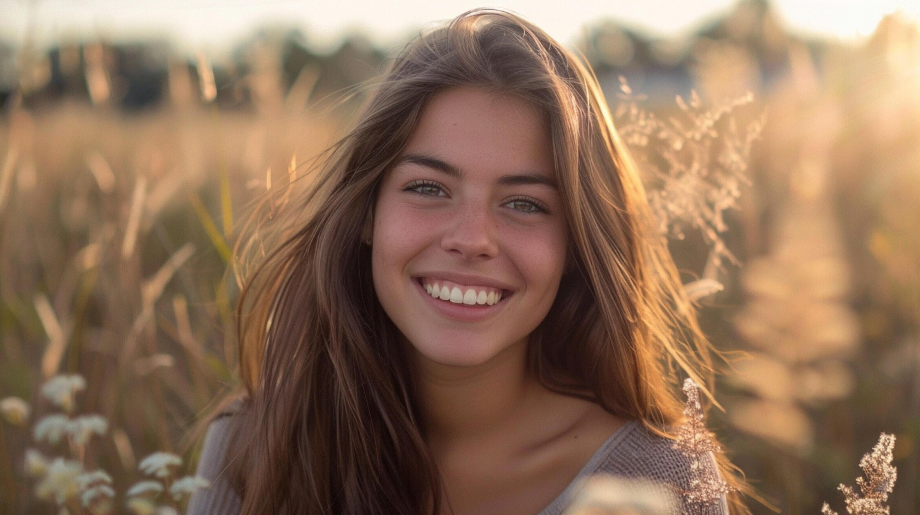 young woman with long brown hair smiling Stock Free