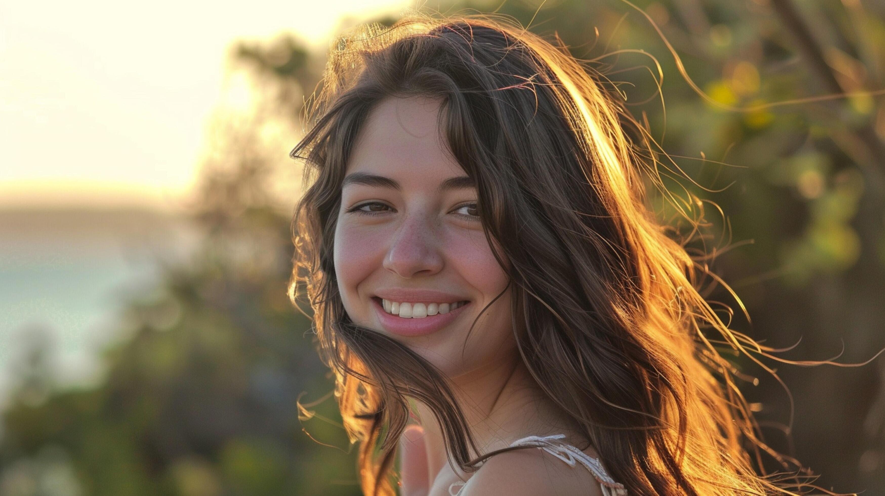 young woman with long brown hair smiling Stock Free