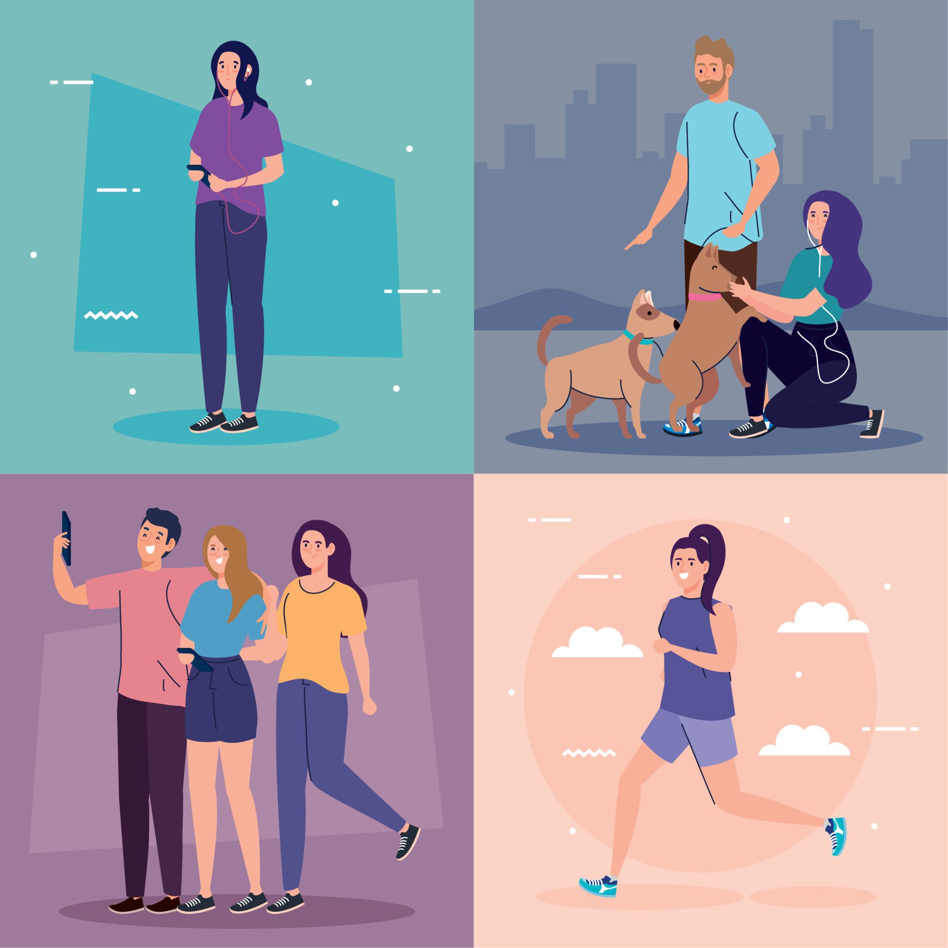 set scenes, young people performing leisure outdoor activities Free Vector