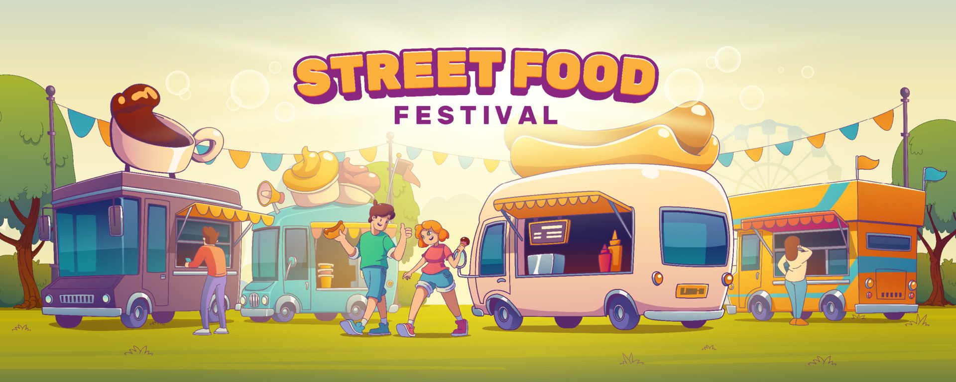 Street food festival poster with people on fair Free Vector