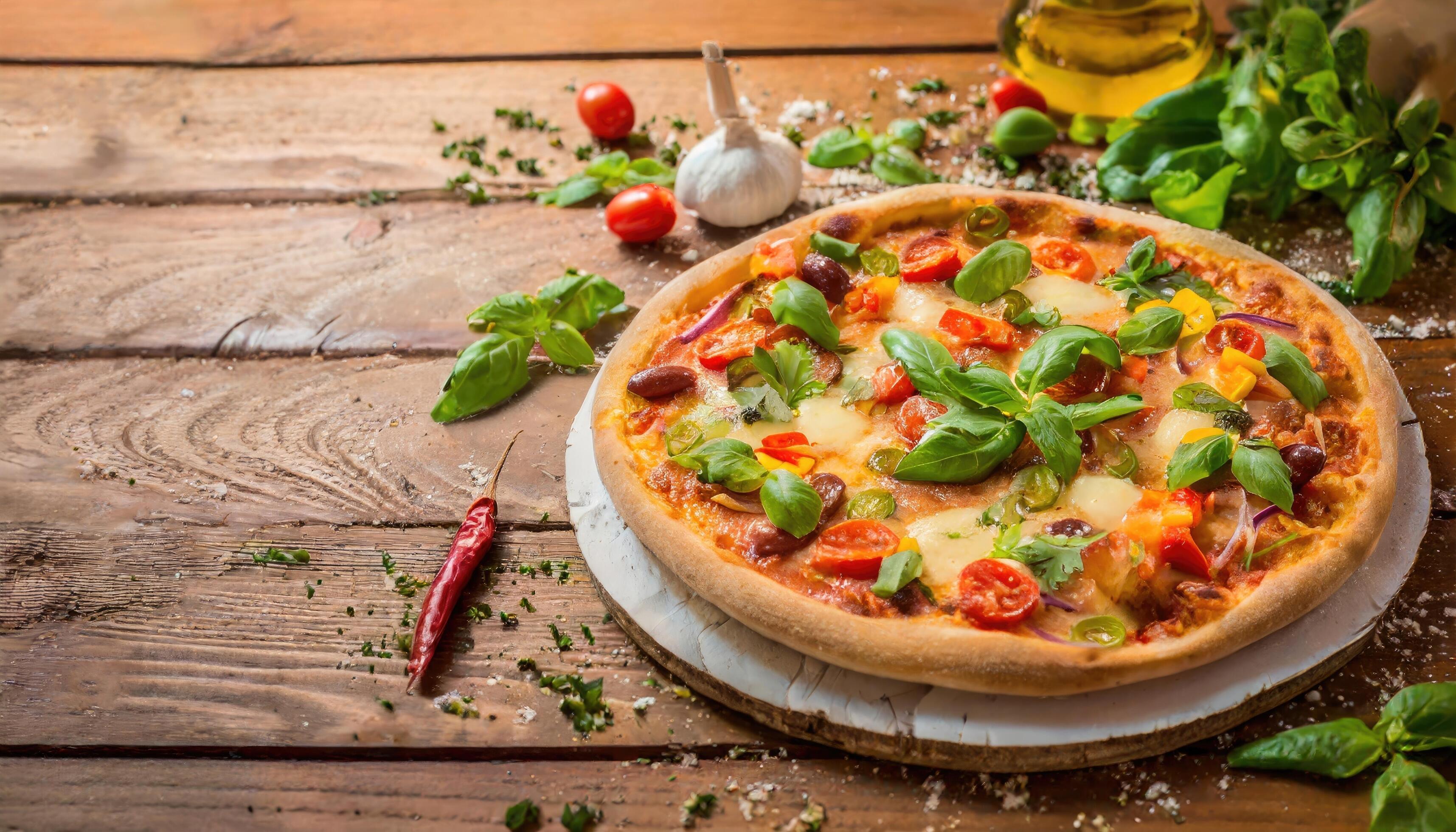 Copy Space image of Pizza Margherita on wooden background, landscape view background. Stock Free