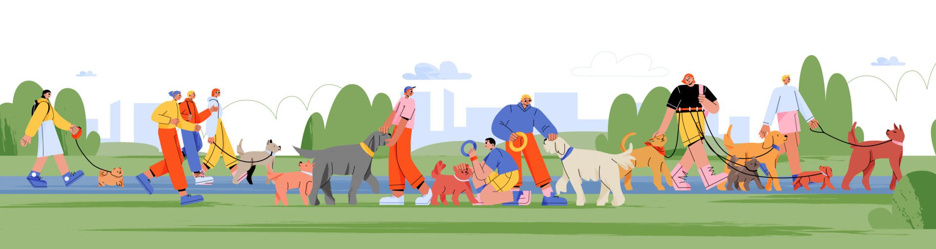 People walk and play with dogs in city park Free Vector